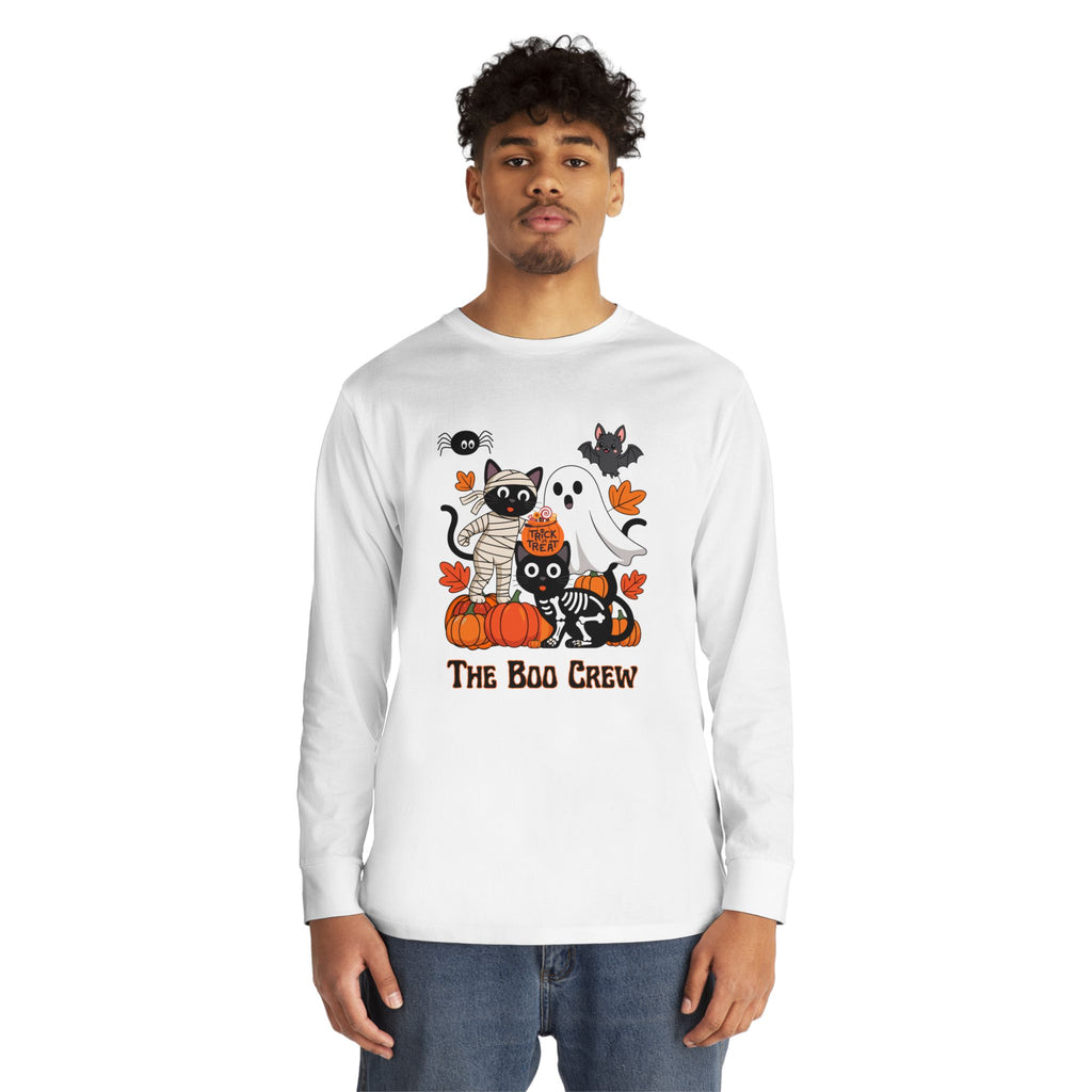Halloween Long Sleeve Tee, Boo Crew Shirt, Cat Ghost Top, Fall Apparel, Spooky Season Clothing, Kids Halloween Outfit