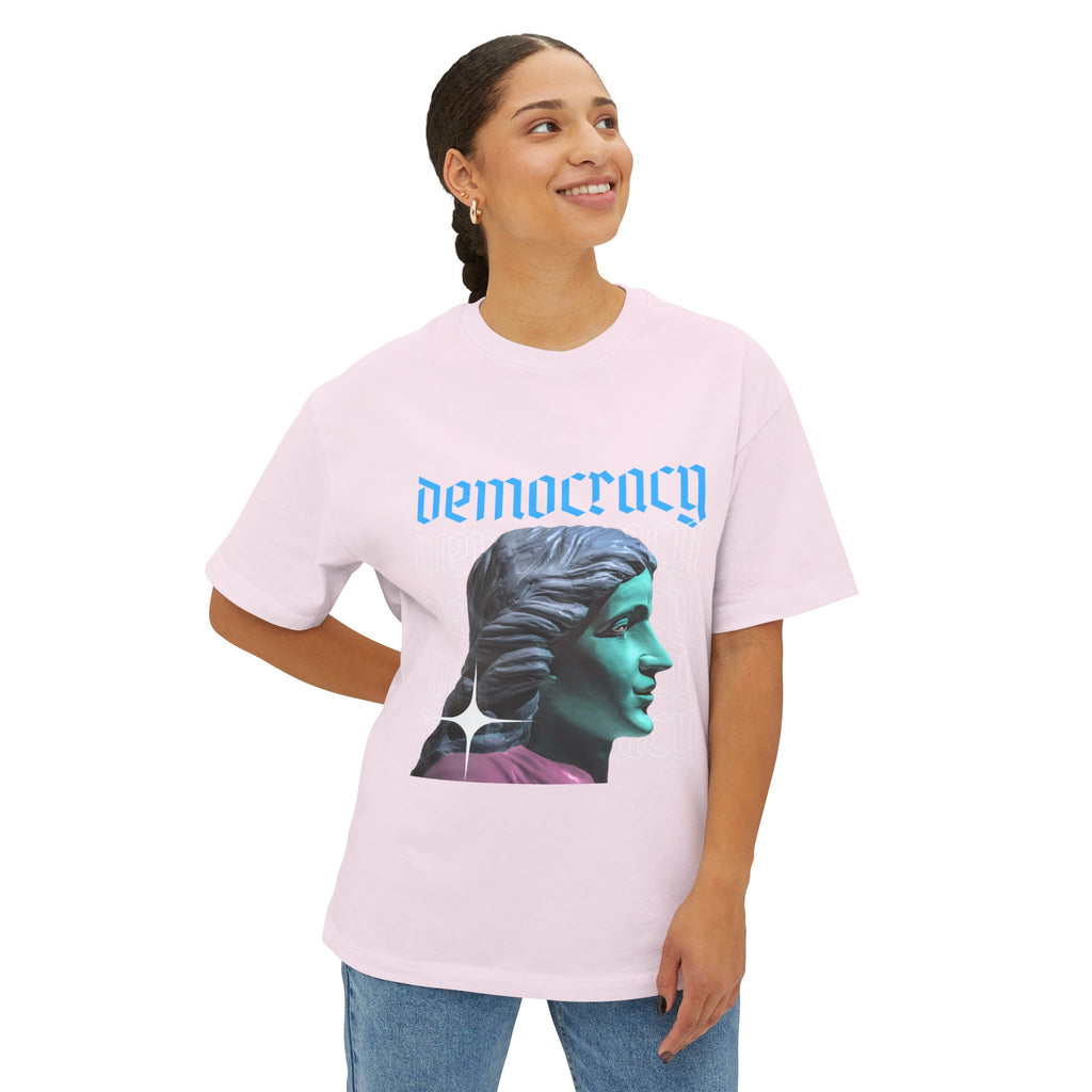 Democracy Graphic Oversized Tee, Unisex Boxy T-Shirt, Statement Fashion Top, Casual Wear, Gift for Activists, Cool Streetwear