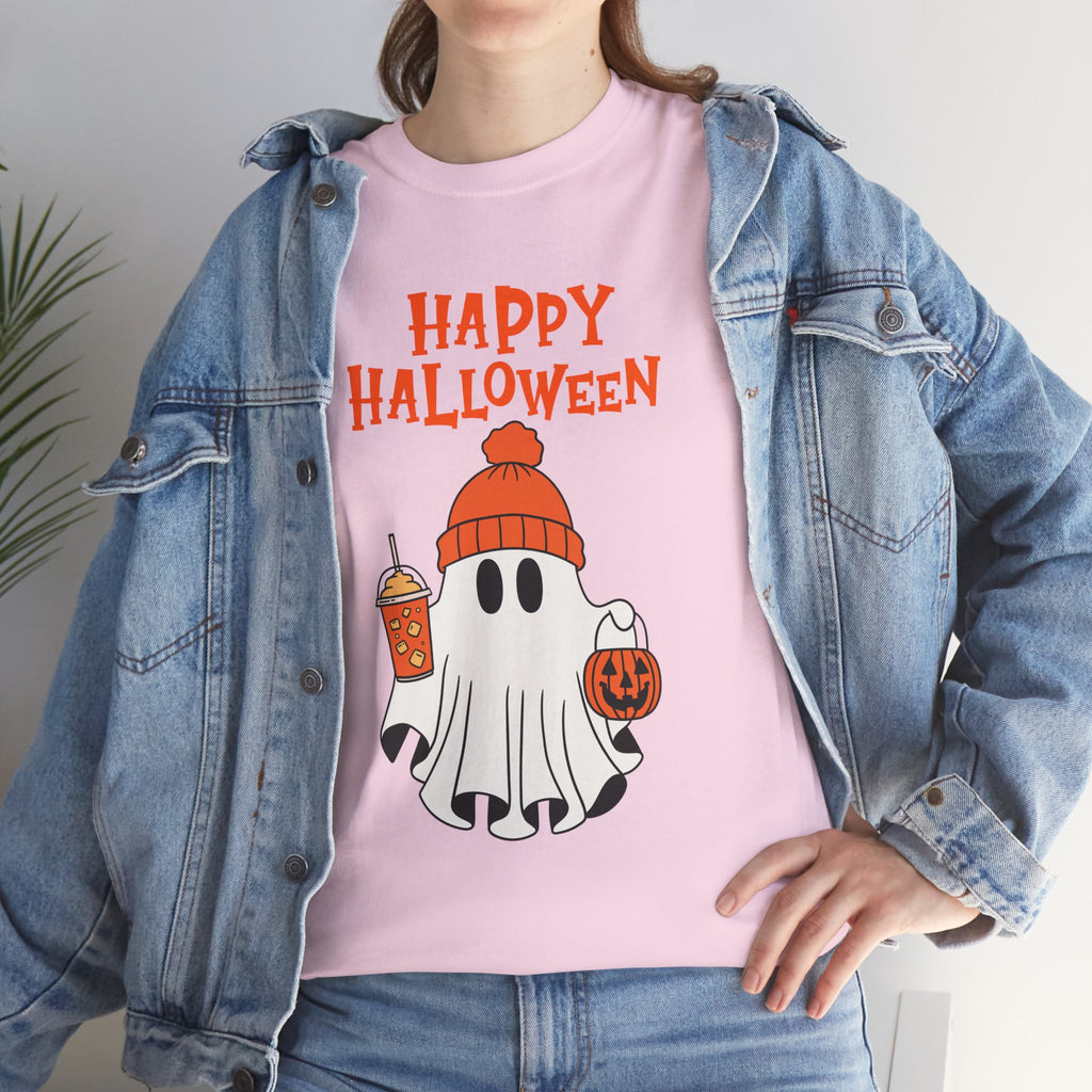 Happy Halloween Ghost Tee, Unisex Cotton T-Shirt, Halloween Apparel, Fall Fashion, Cute Halloween Gift, Ghost Tee