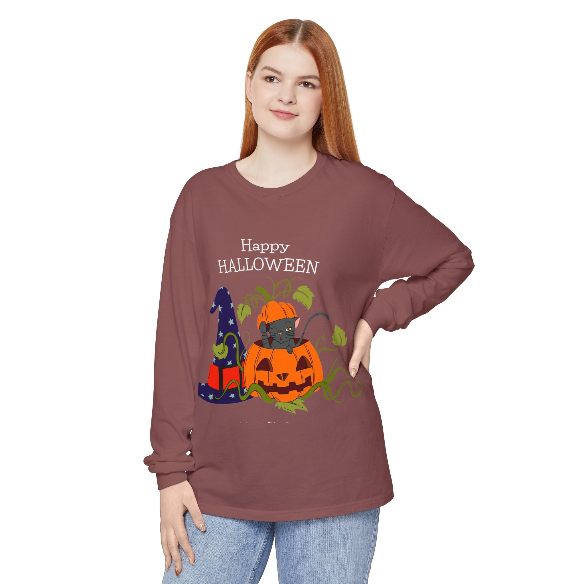 Happy Halloween Cat Long Sleeve T-Shirt, Unisex Halloween Shirt, Spooky Seasonal Apparel, Cute Trick or Treat Tee, Fall Festive Wear
