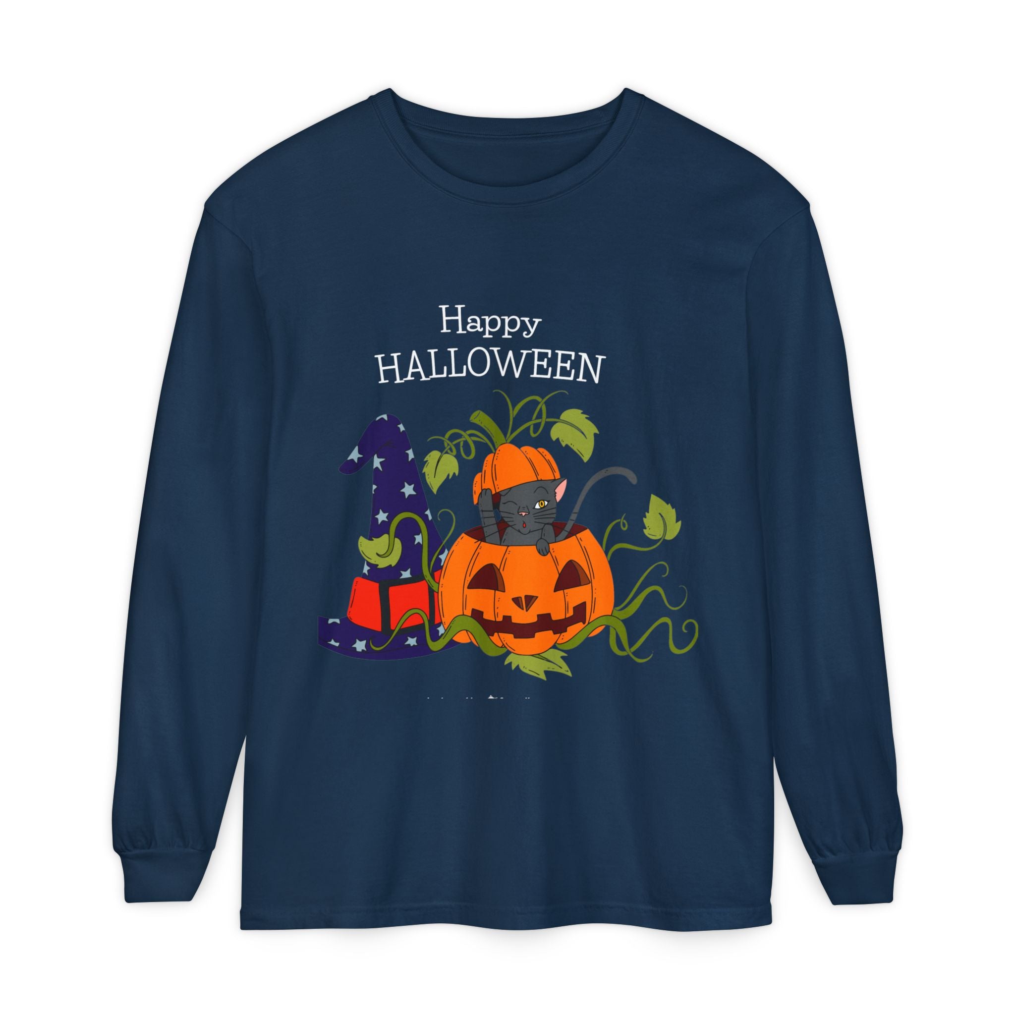 Happy Halloween Cat Long Sleeve T-Shirt, Unisex Halloween Shirt, Spooky Seasonal Apparel, Cute Trick or Treat Tee, Fall Festive Wear