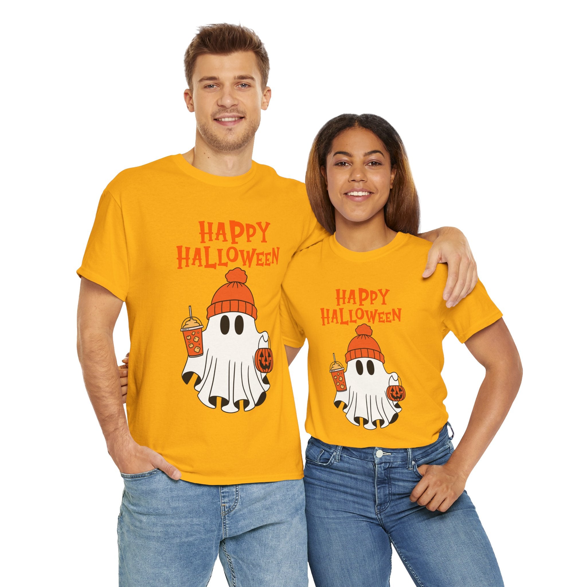 Happy Halloween Ghost Tee, Unisex Cotton T-Shirt, Halloween Apparel, Fall Fashion, Cute Halloween Gift, Ghost Tee
