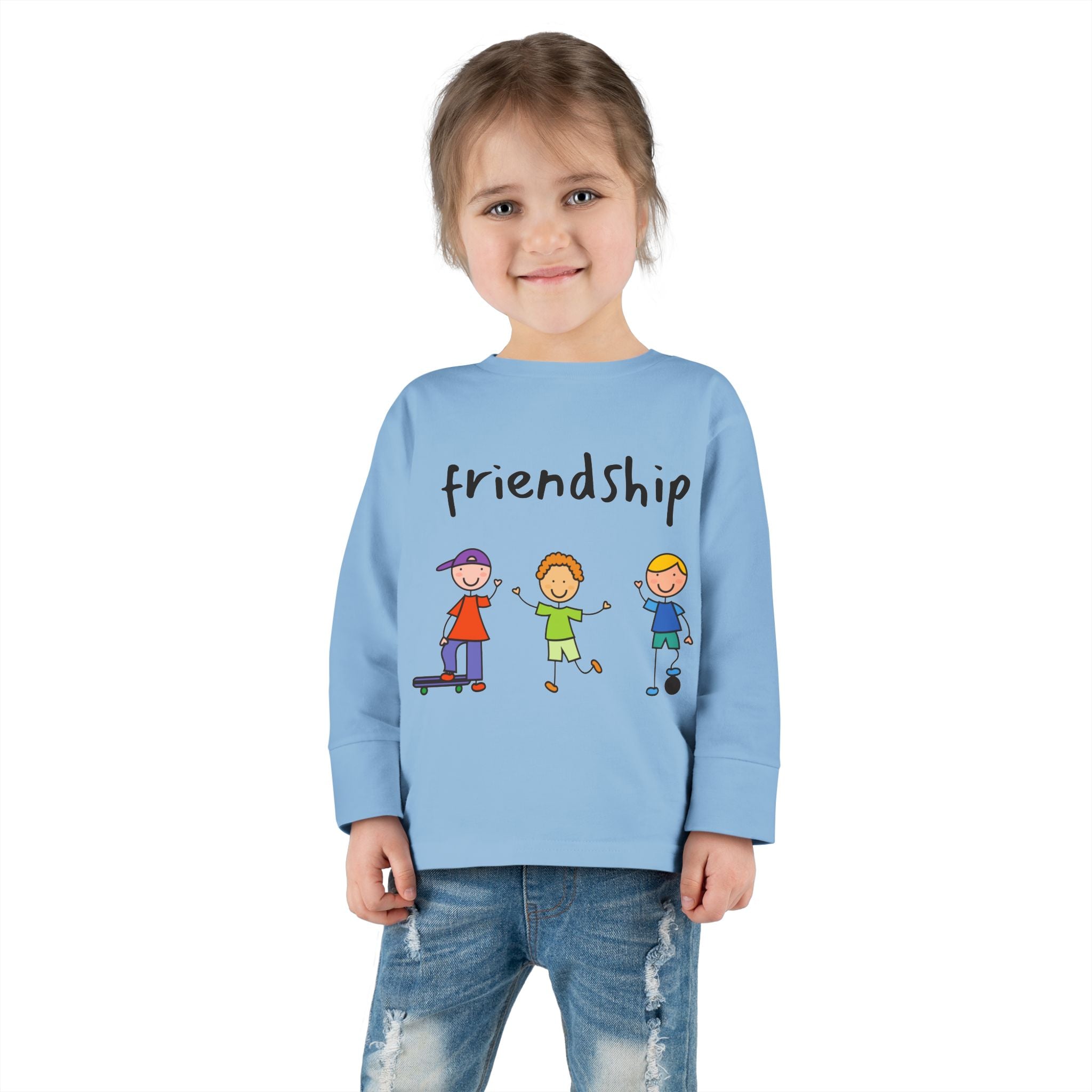 Toddler Long Sleeve Tee - Cute Cartoon Friendship Shirt for Kids, Perfect Birthday Gift, Playtime Comfort, Toddler Apparel