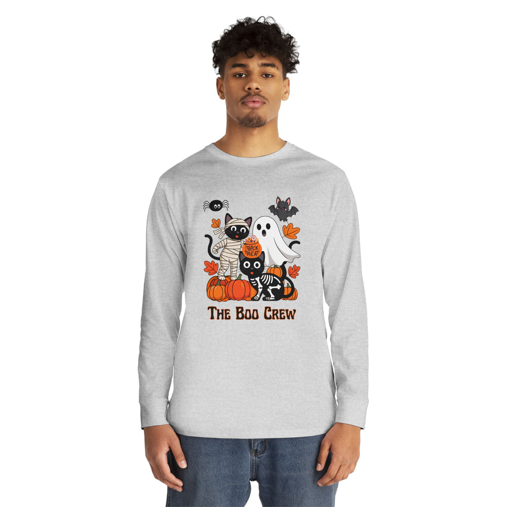 Halloween Long Sleeve Tee, Boo Crew Shirt, Cat Ghost Top, Fall Apparel, Spooky Season Clothing, Kids Halloween Outfit