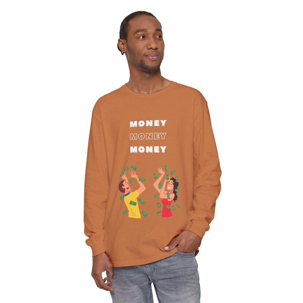 Money-Themed Long Sleeve T-Shirt, Funny Graphic Top, Gift for Finance Lovers, Casual Wear, Party Outfit, Unique Apparel