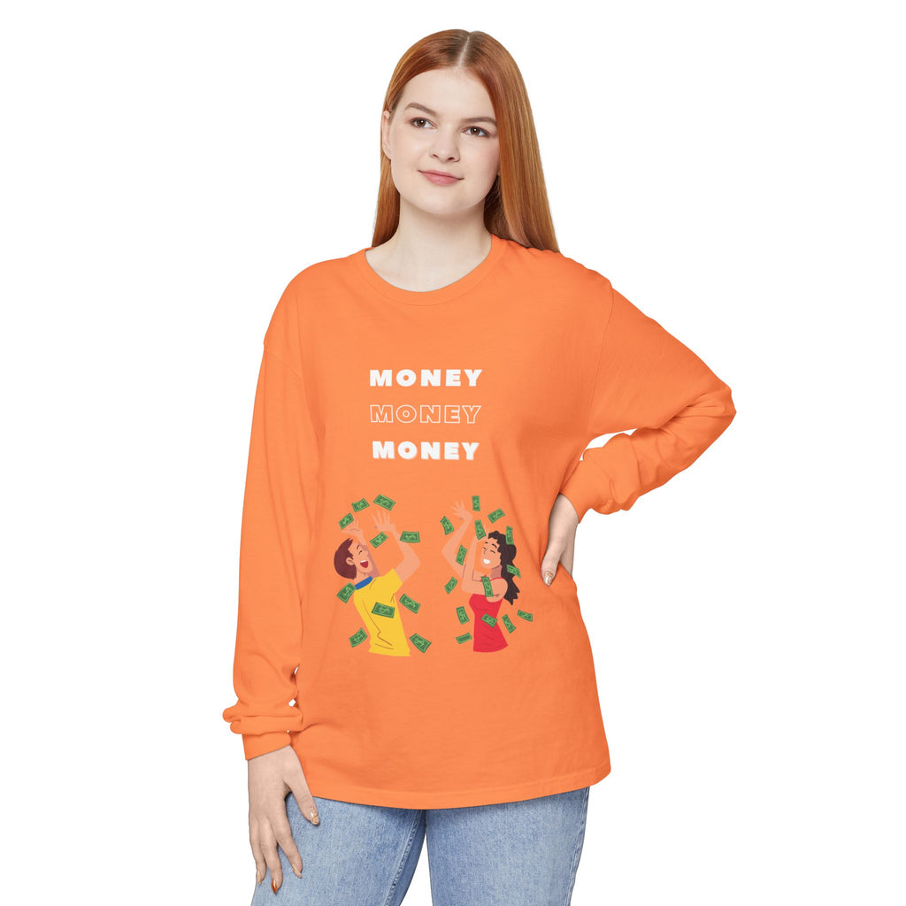 Money-Themed Long Sleeve T-Shirt, Funny Graphic Top, Gift for Finance Lovers, Casual Wear, Party Outfit, Unique Apparel