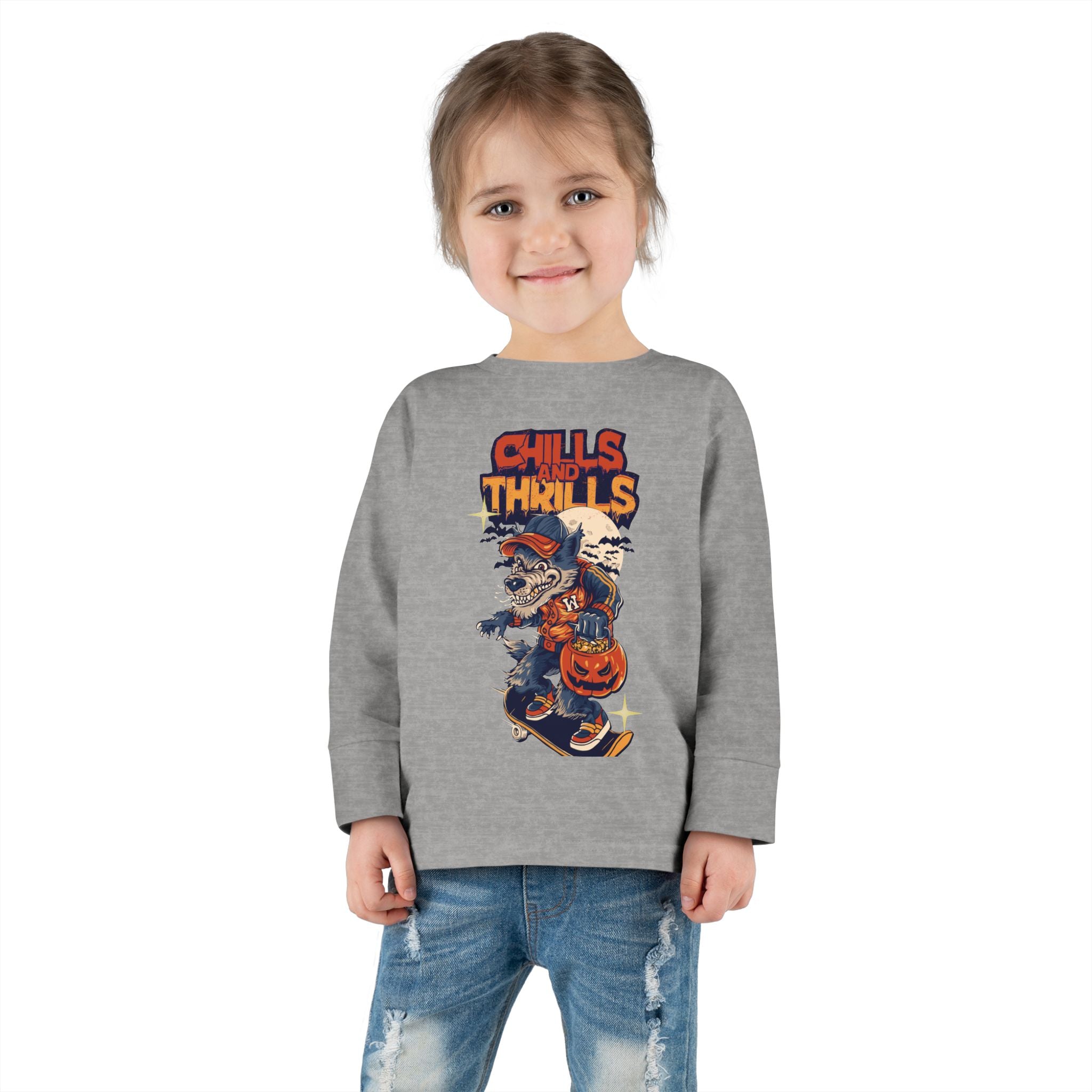 Toddler Long Sleeve Tee with Chills & Thrills Halloween Skater Design, Kids Fall Apparel, Halloween Outfit, Toddler Skate Tee, Fun [...]