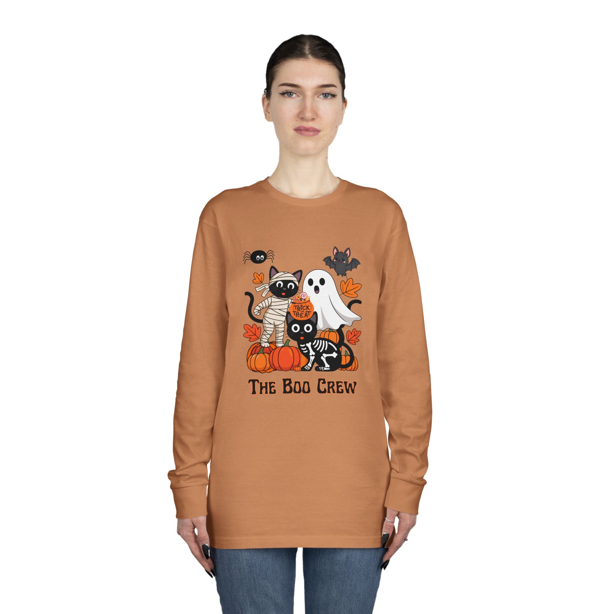 Halloween Long Sleeve Tee, Boo Crew Shirt, Cat Ghost Top, Fall Apparel, Spooky Season Clothing, Kids Halloween Outfit