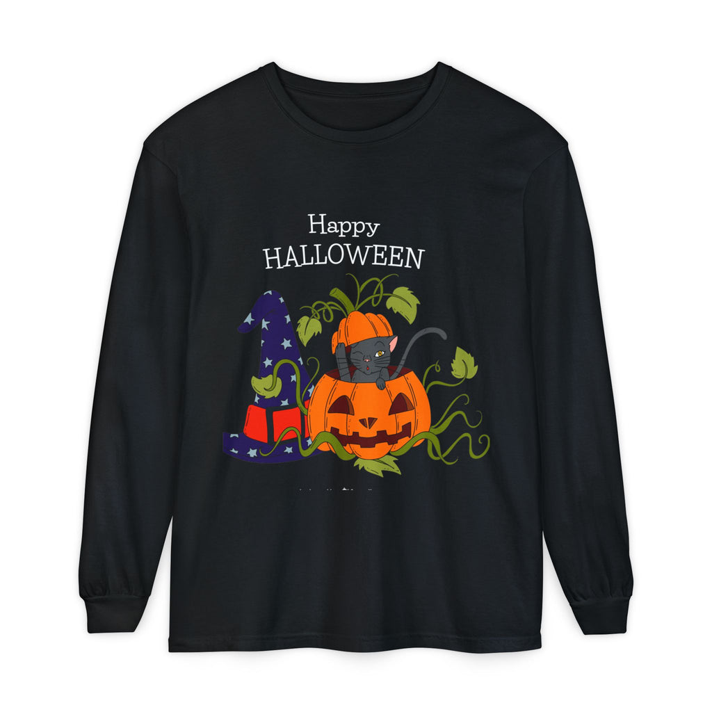 Happy Halloween Cat Long Sleeve T-Shirt, Unisex Halloween Shirt, Spooky Seasonal Apparel, Cute Trick or Treat Tee, Fall Festive Wear