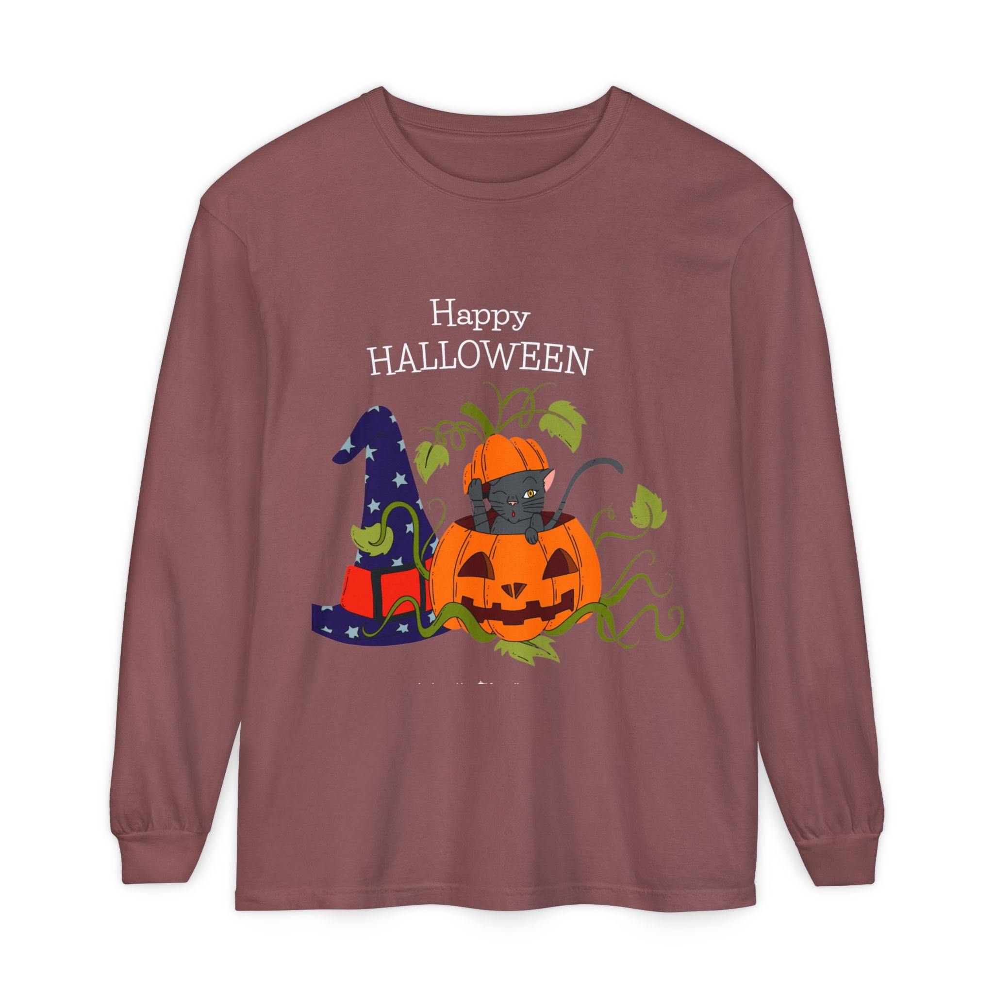 Happy Halloween Cat Long Sleeve T-Shirt, Unisex Halloween Shirt, Spooky Seasonal Apparel, Cute Trick or Treat Tee, Fall Festive Wear