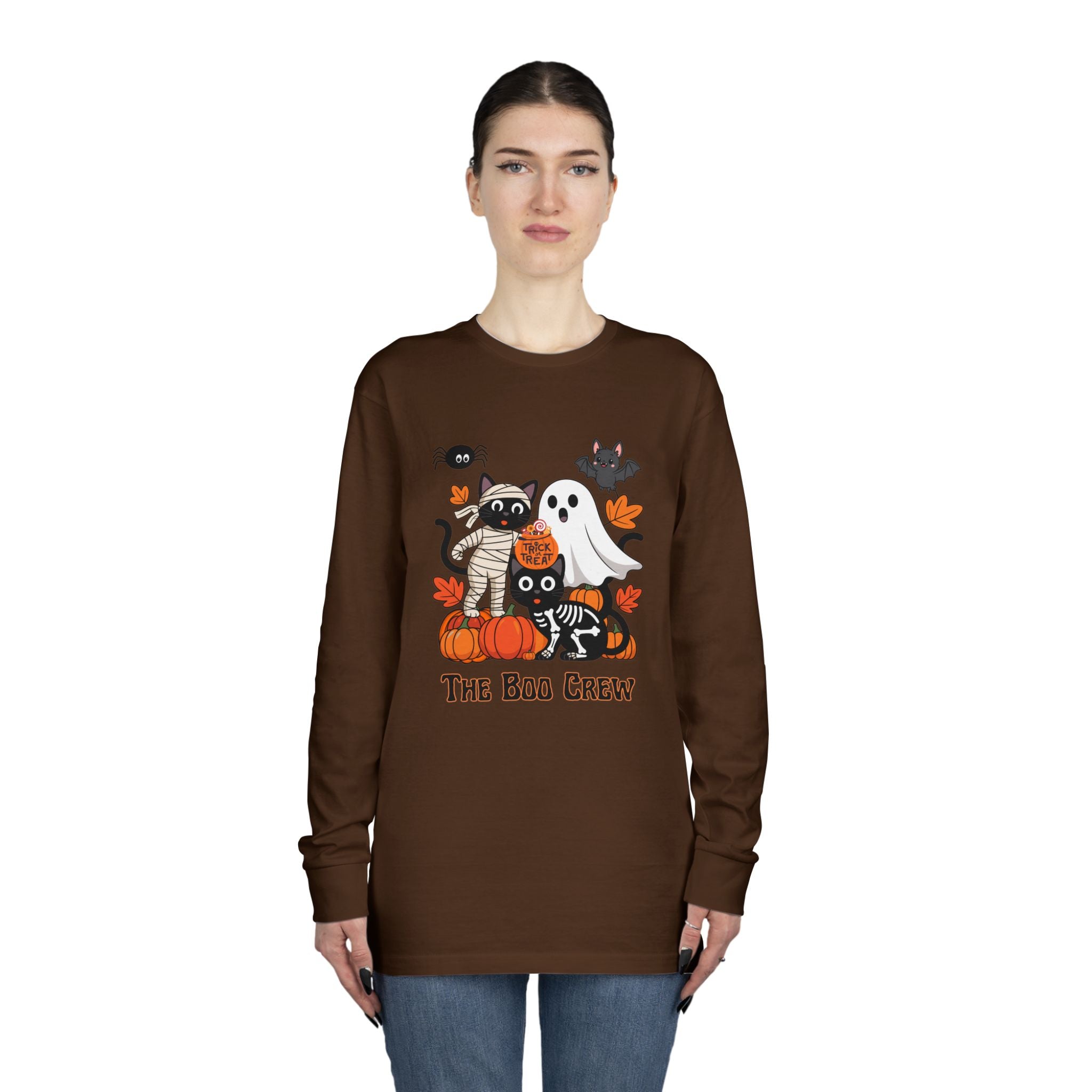 Halloween Long Sleeve Tee, Boo Crew Shirt, Cat Ghost Top, Fall Apparel, Spooky Season Clothing, Kids Halloween Outfit