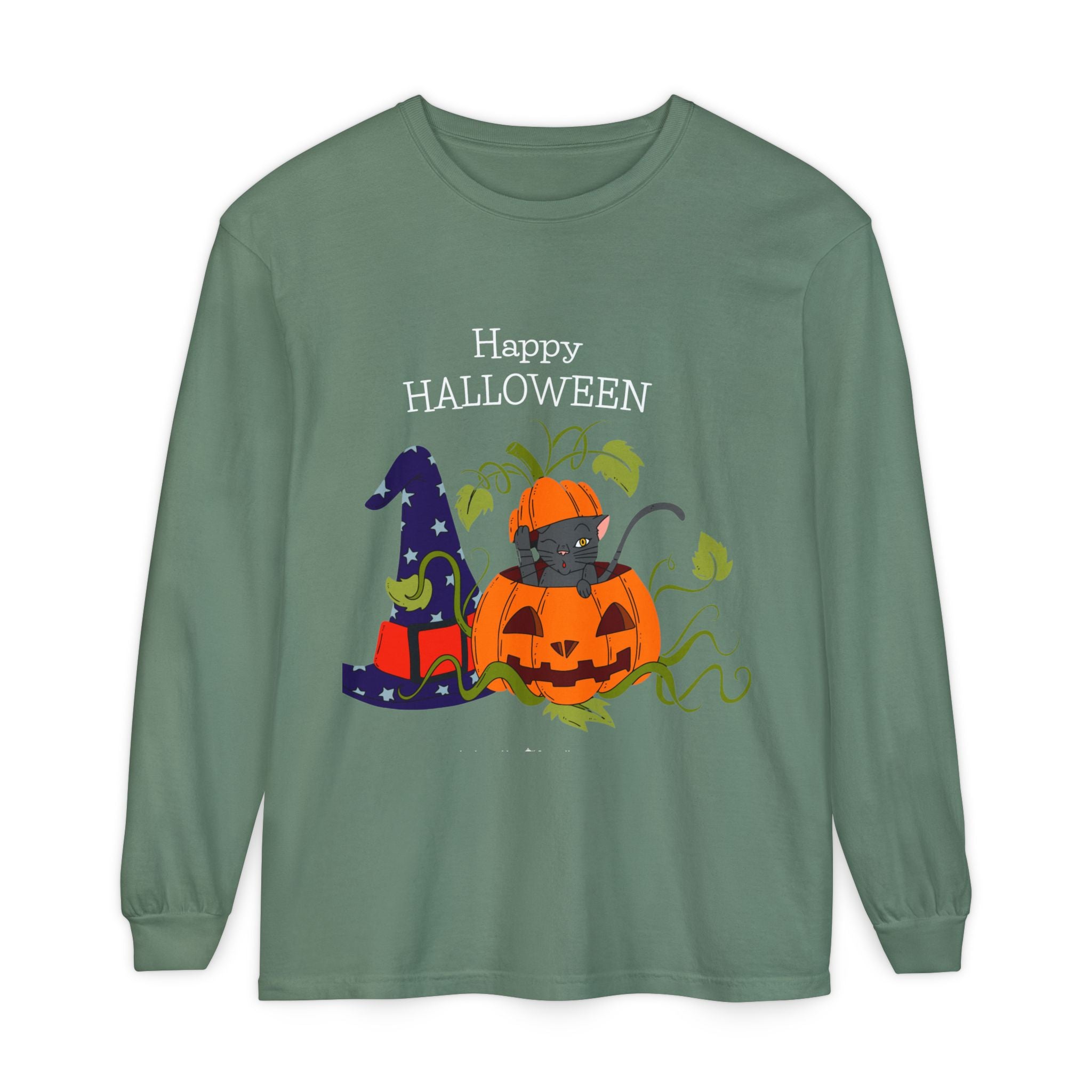 Happy Halloween Cat Long Sleeve T-Shirt, Unisex Halloween Shirt, Spooky Seasonal Apparel, Cute Trick or Treat Tee, Fall Festive Wear
