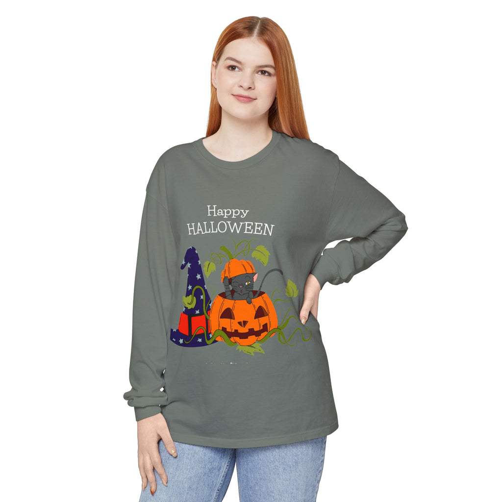 Happy Halloween Cat Long Sleeve T-Shirt, Unisex Halloween Shirt, Spooky Seasonal Apparel, Cute Trick or Treat Tee, Fall Festive Wear