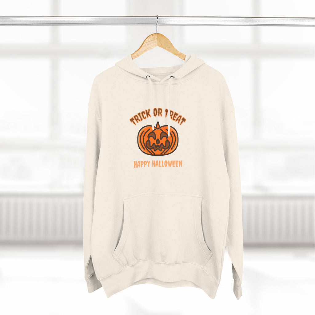 Halloween Trick or Treat Fleece Hoodie, Cozy Pullover for Fall Celebrations, Perfect Halloween Gift, Seasonal Wear, Pumpkin Design