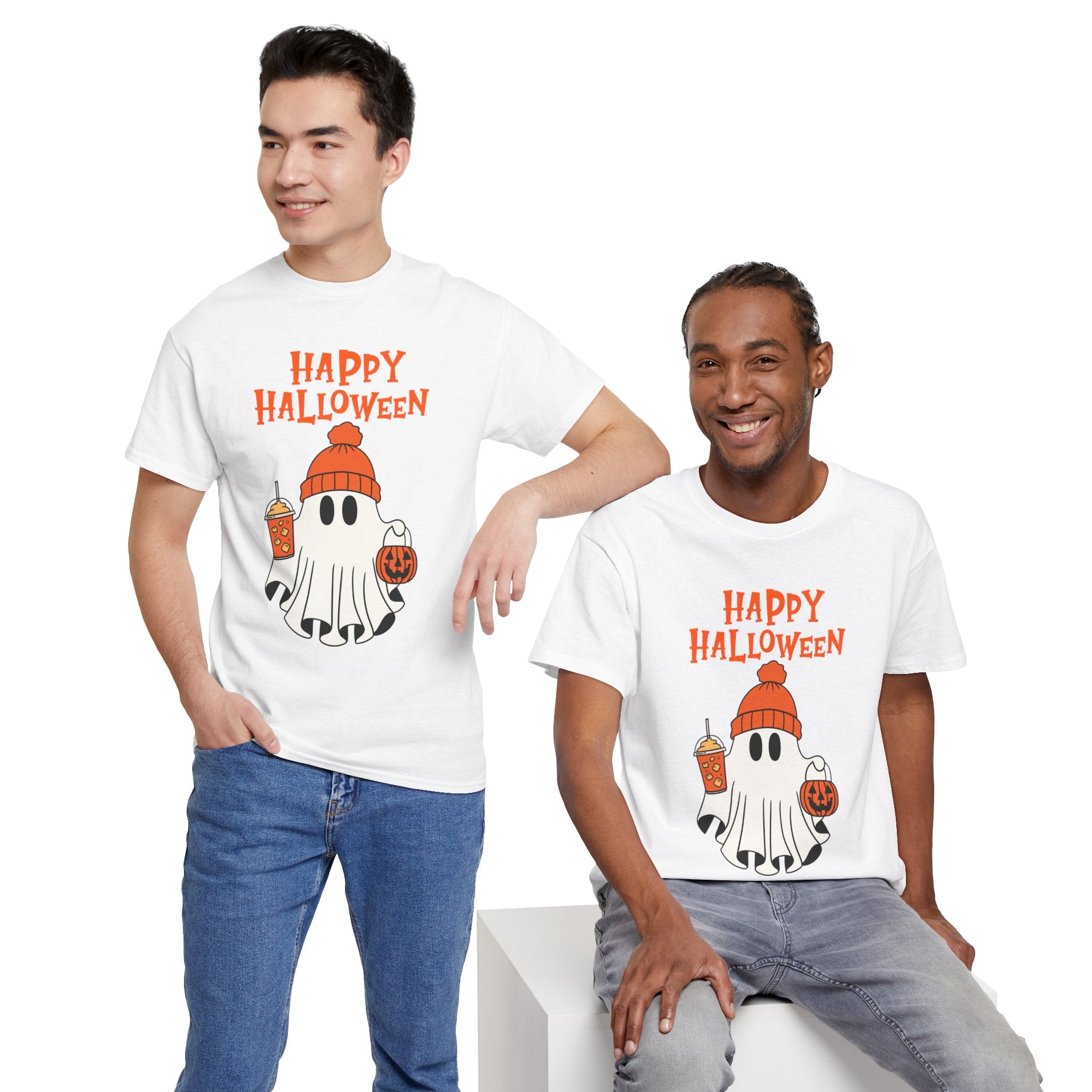 Happy Halloween Ghost Tee, Unisex Cotton T-Shirt, Halloween Apparel, Fall Fashion, Cute Halloween Gift, Ghost Tee