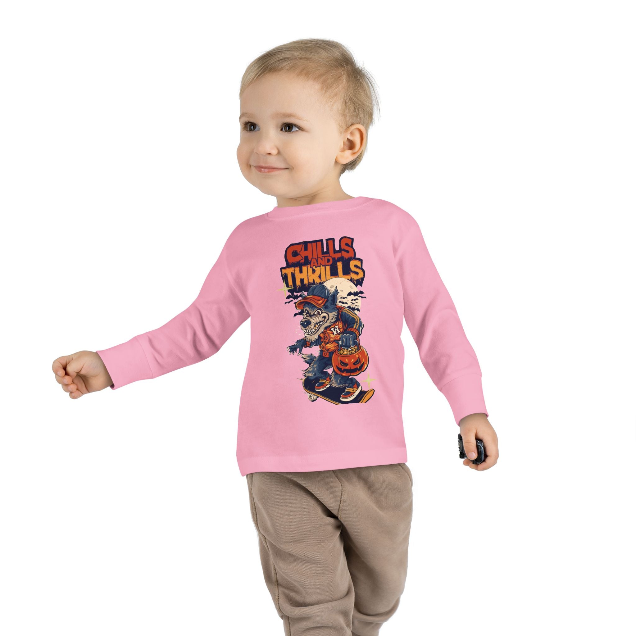 Toddler Long Sleeve Tee with Chills & Thrills Halloween Skater Design, Kids Fall Apparel, Halloween Outfit, Toddler Skate Tee, Fun [...]