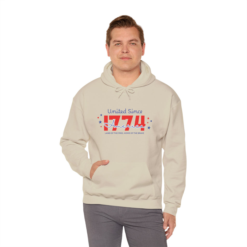 Patriotic Hooded Sweatshirt - United Since 1774, Unisex Pullover, 4th of July Gift, Cozy Fall Apparel, Red White Blue Hoodie