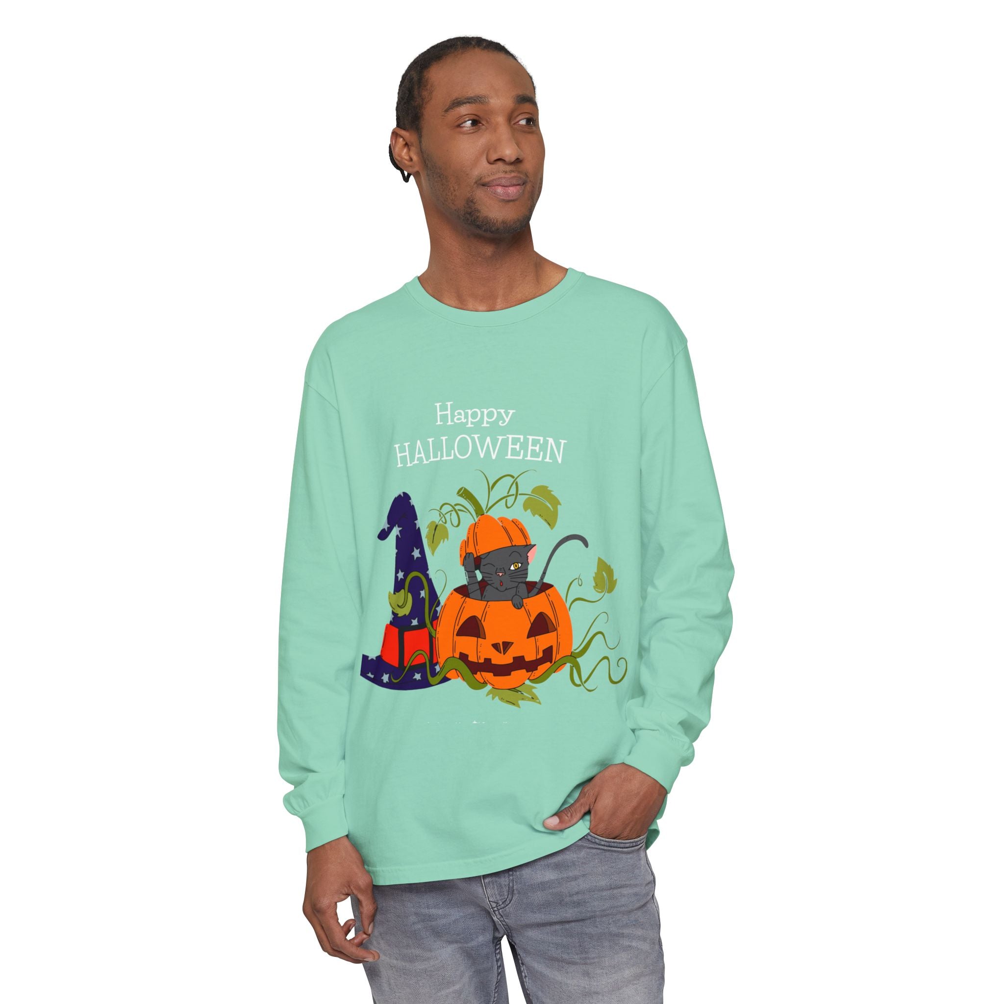 Happy Halloween Cat Long Sleeve T-Shirt, Unisex Halloween Shirt, Spooky Seasonal Apparel, Cute Trick or Treat Tee, Fall Festive Wear