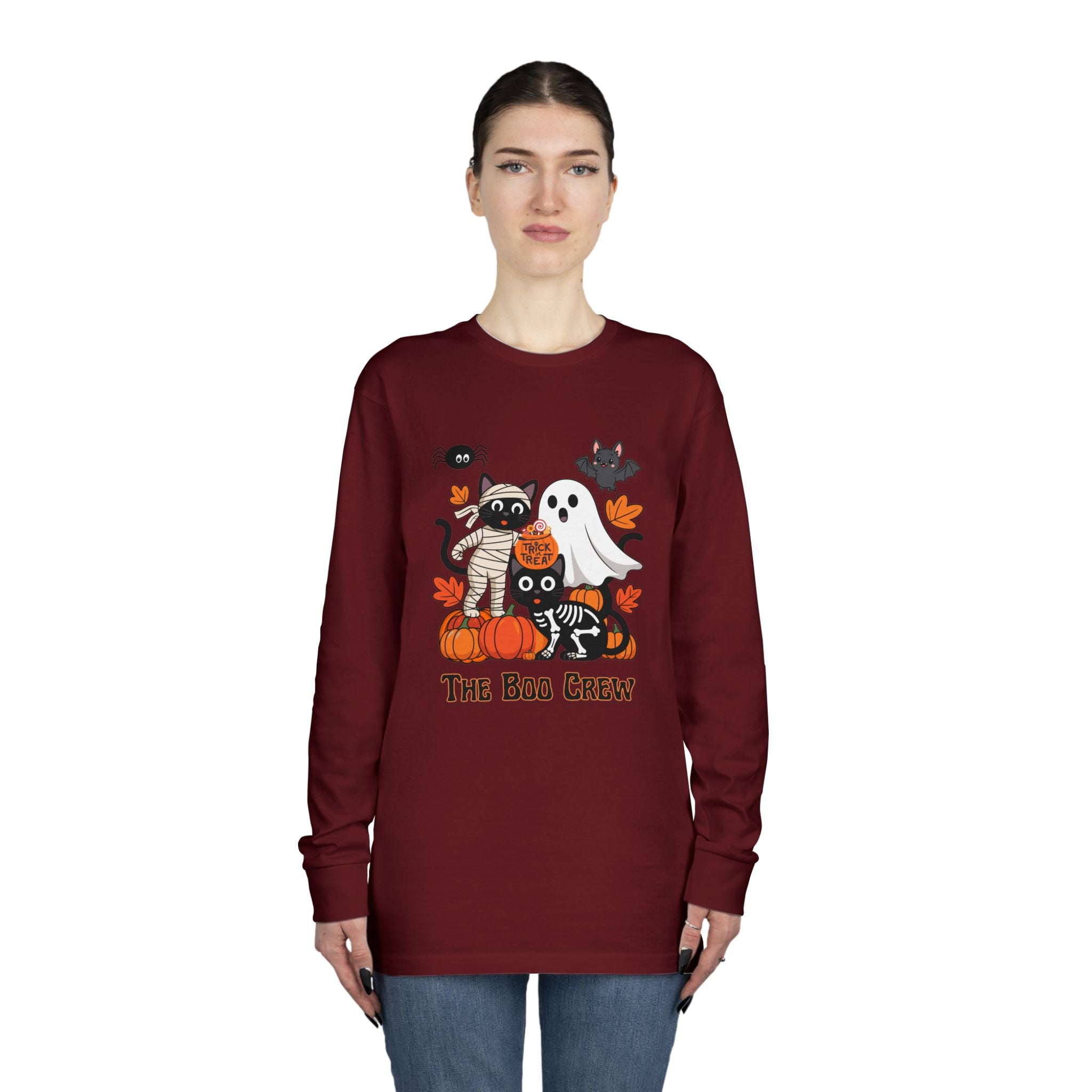 Halloween Long Sleeve Tee, Boo Crew Shirt, Cat Ghost Top, Fall Apparel, Spooky Season Clothing, Kids Halloween Outfit