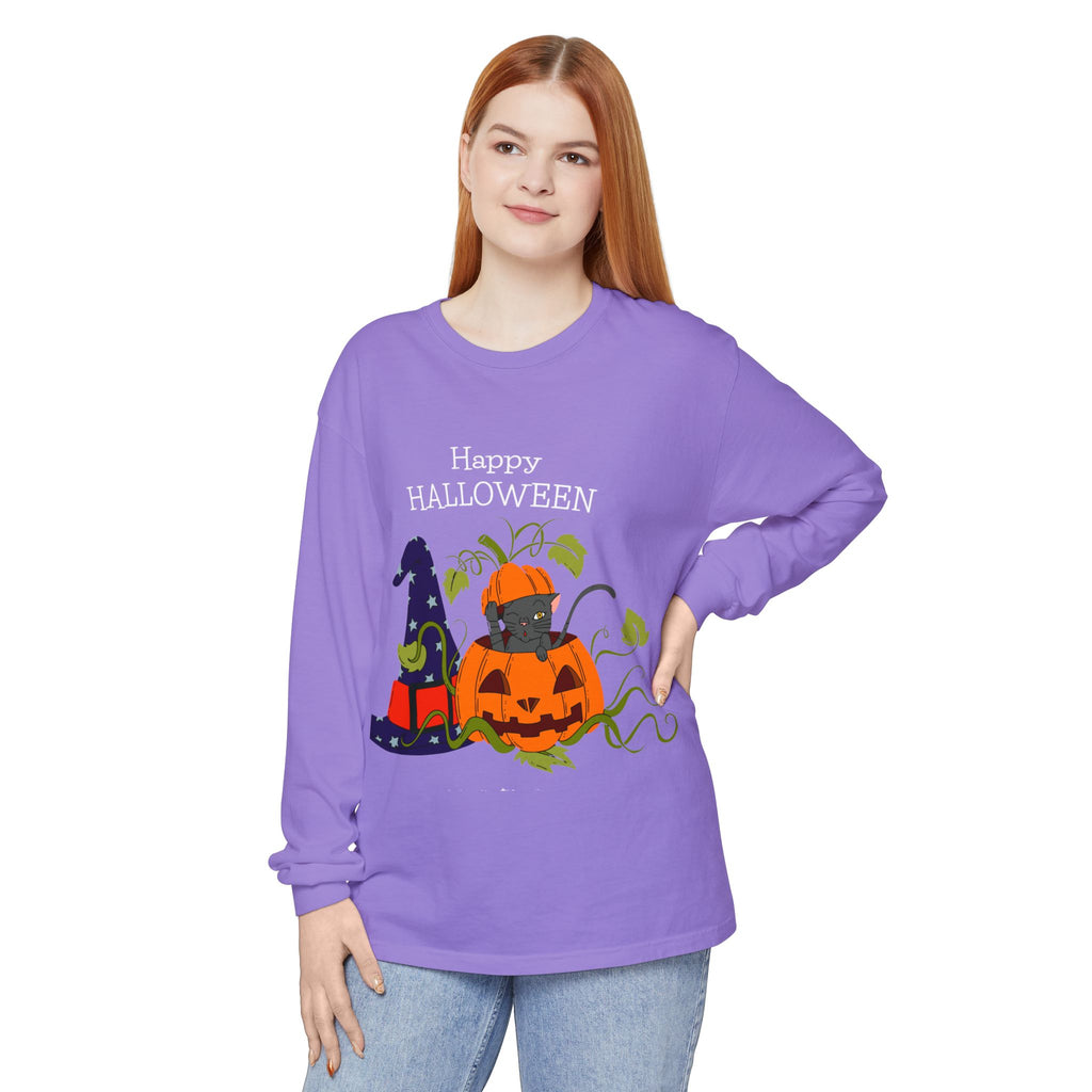 Happy Halloween Cat Long Sleeve T-Shirt, Unisex Halloween Shirt, Spooky Seasonal Apparel, Cute Trick or Treat Tee, Fall Festive Wear
