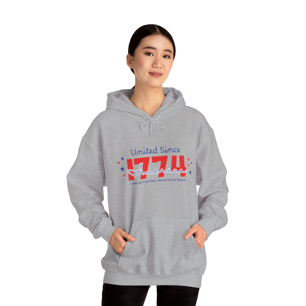 Patriotic Hooded Sweatshirt - United Since 1774, Unisex Pullover, 4th of July Gift, Cozy Fall Apparel, Red White Blue Hoodie