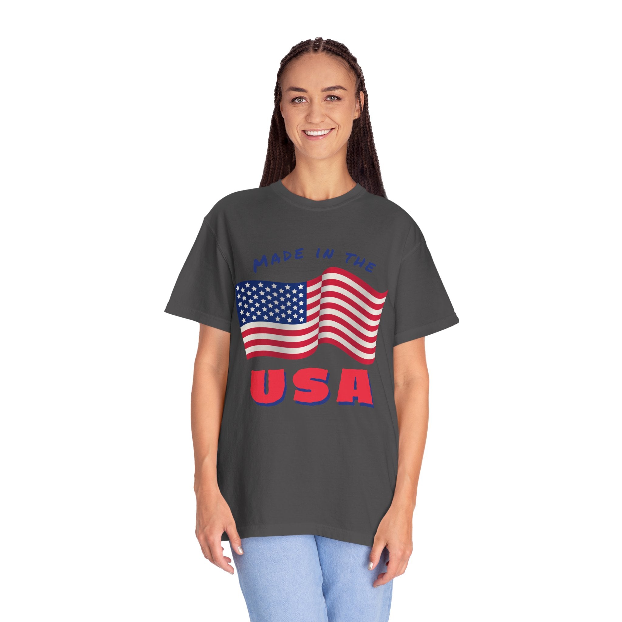 Patriotic T-Shirt for Celebrations, Made in the USA Tee, Unisex Garment-Dyed Shirt, July 4th Apparel, Red White Blue Tee