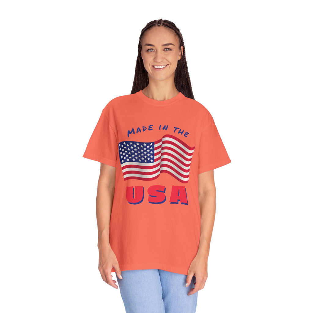 Patriotic T-Shirt for Celebrations, Made in the USA Tee, Unisex Garment-Dyed Shirt, July 4th Apparel, Red White Blue Tee