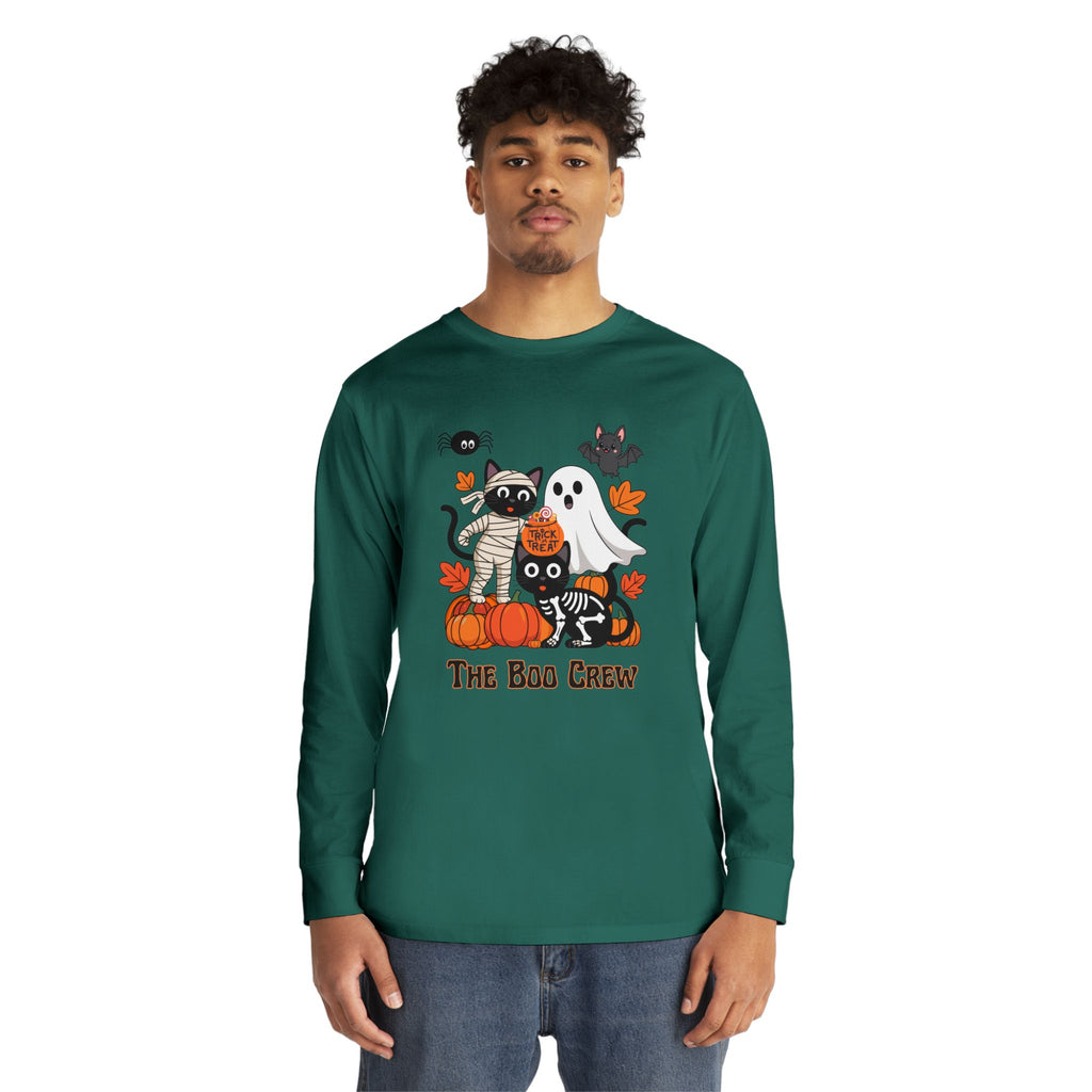 Halloween Long Sleeve Tee, Boo Crew Shirt, Cat Ghost Top, Fall Apparel, Spooky Season Clothing, Kids Halloween Outfit