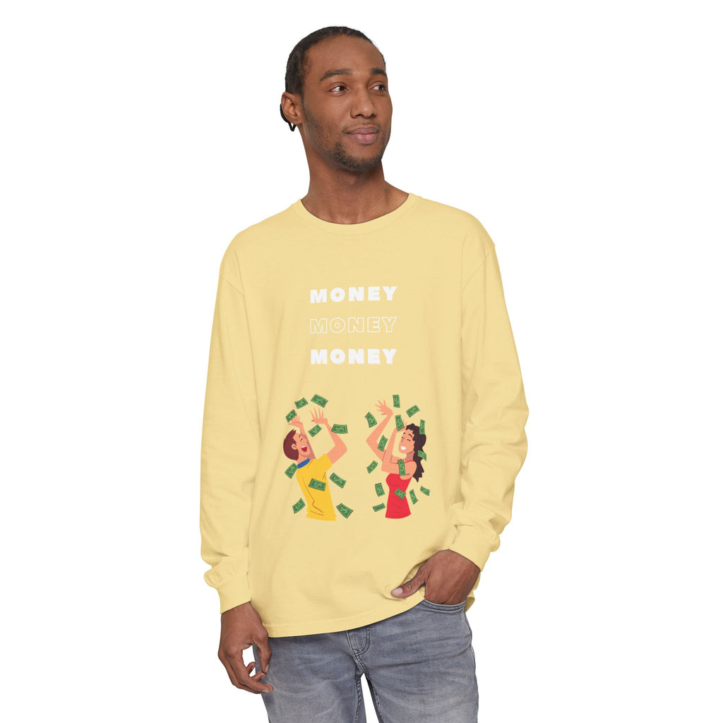 Money-Themed Long Sleeve T-Shirt, Funny Graphic Top, Gift for Finance Lovers, Casual Wear, Party Outfit, Unique Apparel