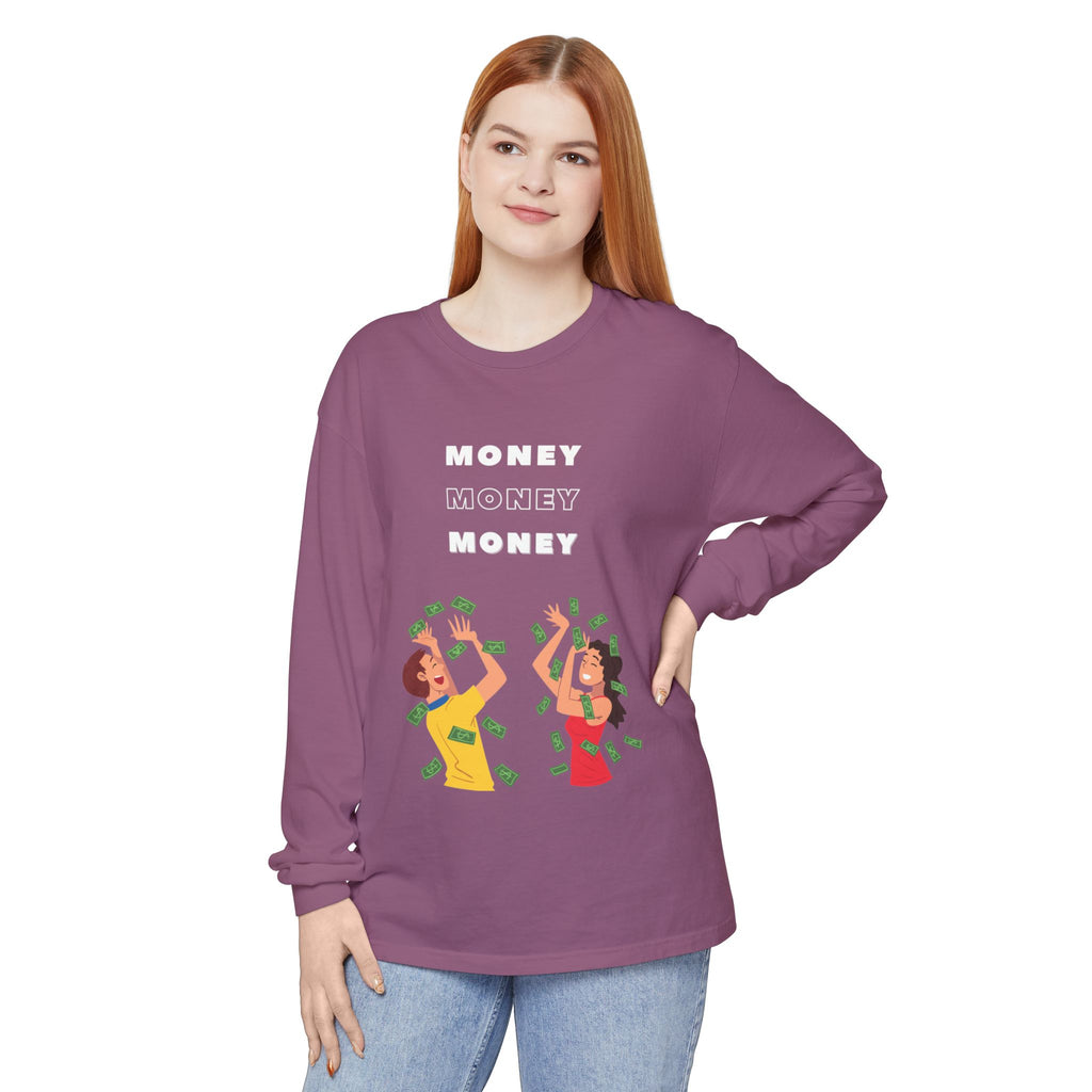 Money-Themed Long Sleeve T-Shirt, Funny Graphic Top, Gift for Finance Lovers, Casual Wear, Party Outfit, Unique Apparel