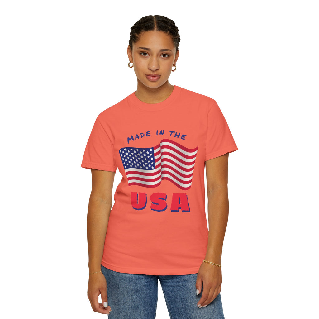 Patriotic T-Shirt for Celebrations, Made in the USA Tee, Unisex Garment-Dyed Shirt, July 4th Apparel, Red White Blue Tee