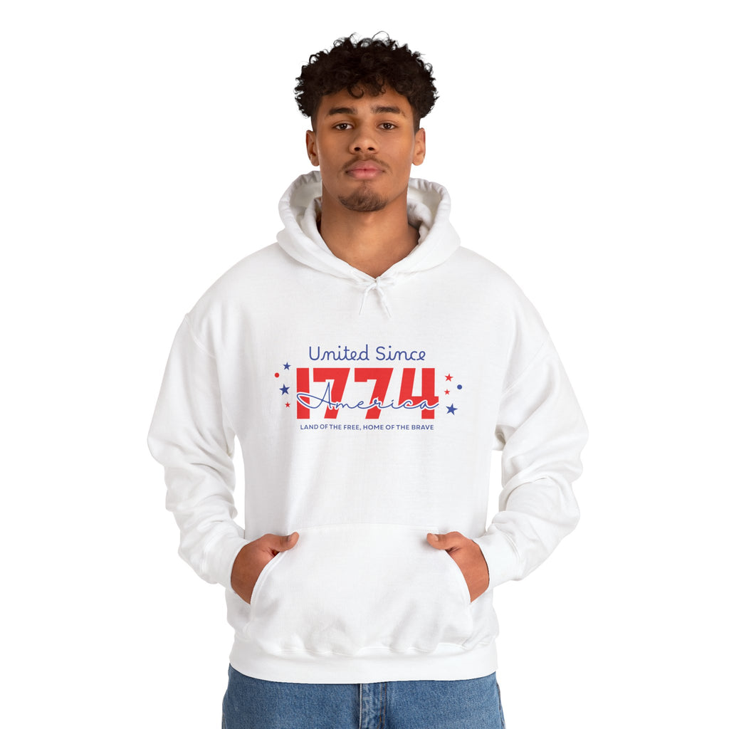 Patriotic Hooded Sweatshirt - United Since 1774, Unisex Pullover, 4th of July Gift, Cozy Fall Apparel, Red White Blue Hoodie