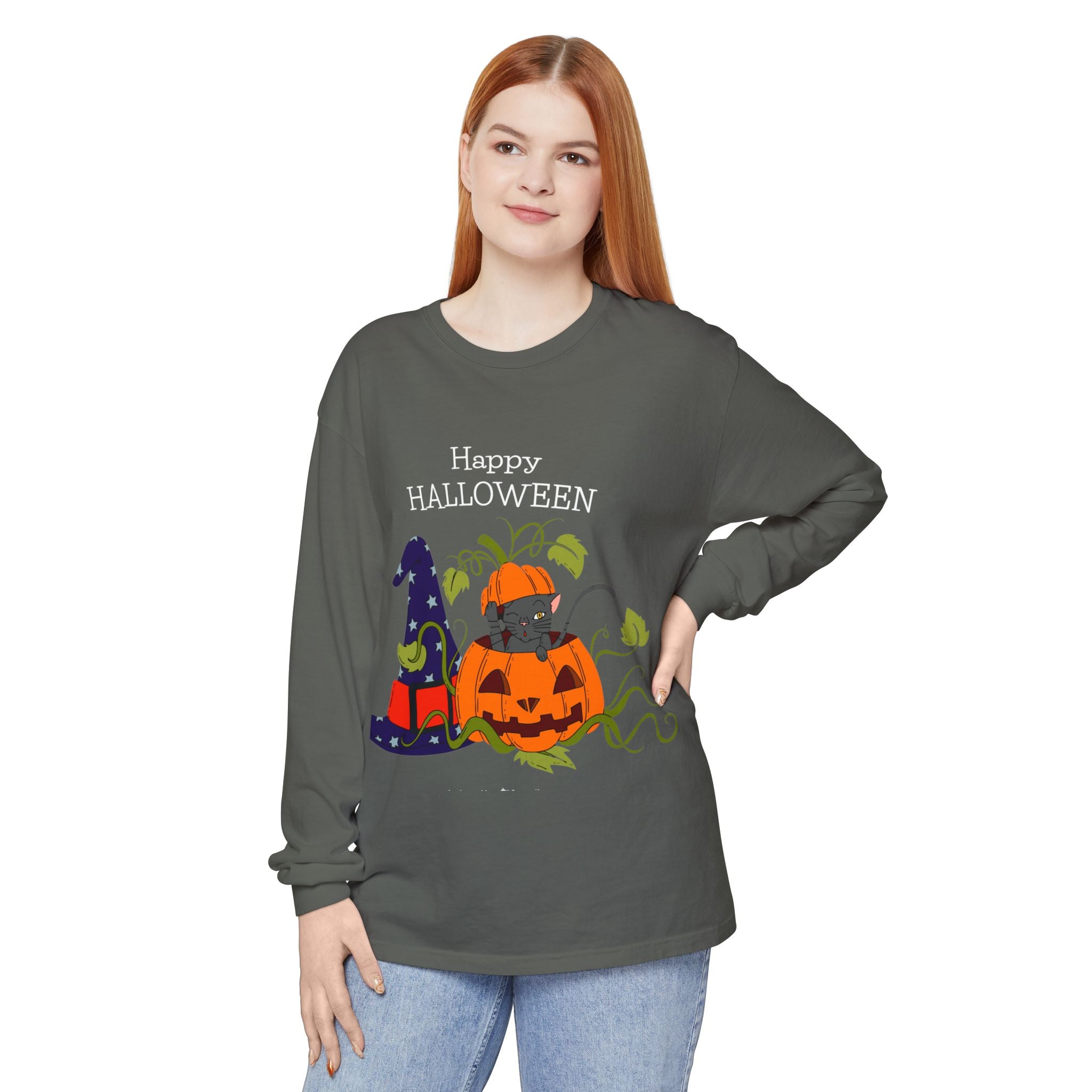 Happy Halloween Cat Long Sleeve T-Shirt, Unisex Halloween Shirt, Spooky Seasonal Apparel, Cute Trick or Treat Tee, Fall Festive Wear