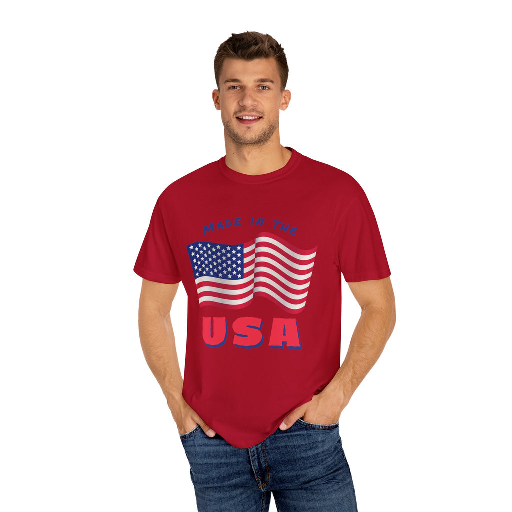 Patriotic T-Shirt for Celebrations, Made in the USA Tee, Unisex Garment-Dyed Shirt, July 4th Apparel, Red White Blue Tee
