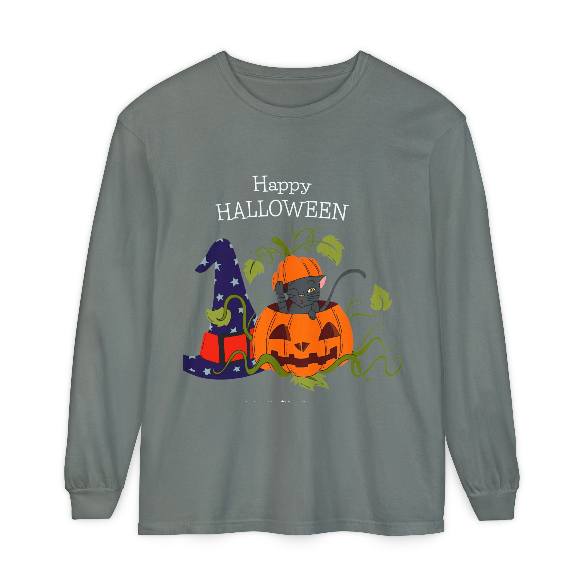 Happy Halloween Cat Long Sleeve T-Shirt, Unisex Halloween Shirt, Spooky Seasonal Apparel, Cute Trick or Treat Tee, Fall Festive Wear