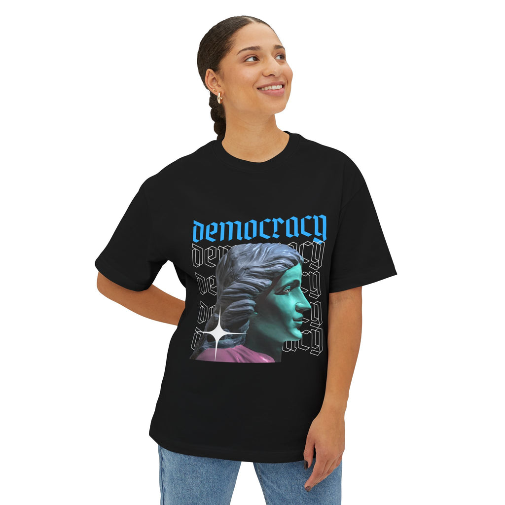 Democracy Graphic Oversized Tee, Unisex Boxy T-Shirt, Statement Fashion Top, Casual Wear, Gift for Activists, Cool Streetwear