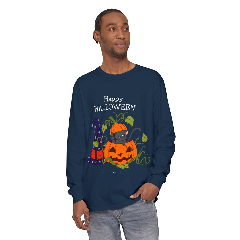 Happy Halloween Cat Long Sleeve T-Shirt, Unisex Halloween Shirt, Spooky Seasonal Apparel, Cute Trick or Treat Tee, Fall Festive Wear