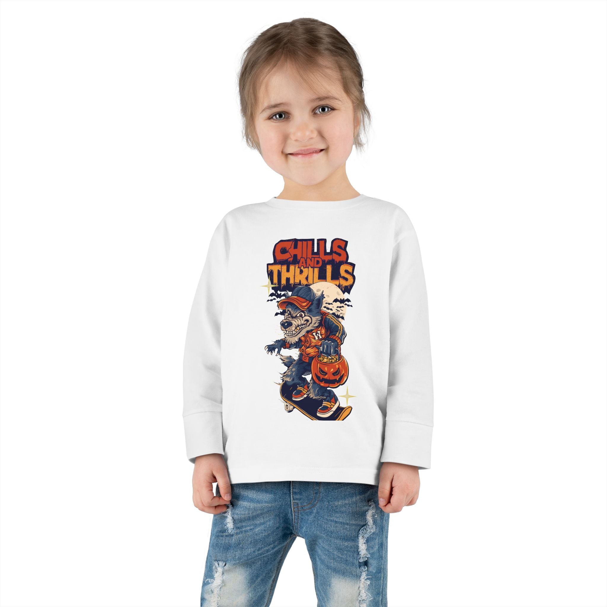 Toddler Long Sleeve Tee with Chills & Thrills Halloween Skater Design, Kids Fall Apparel, Halloween Outfit, Toddler Skate Tee, Fun [...]