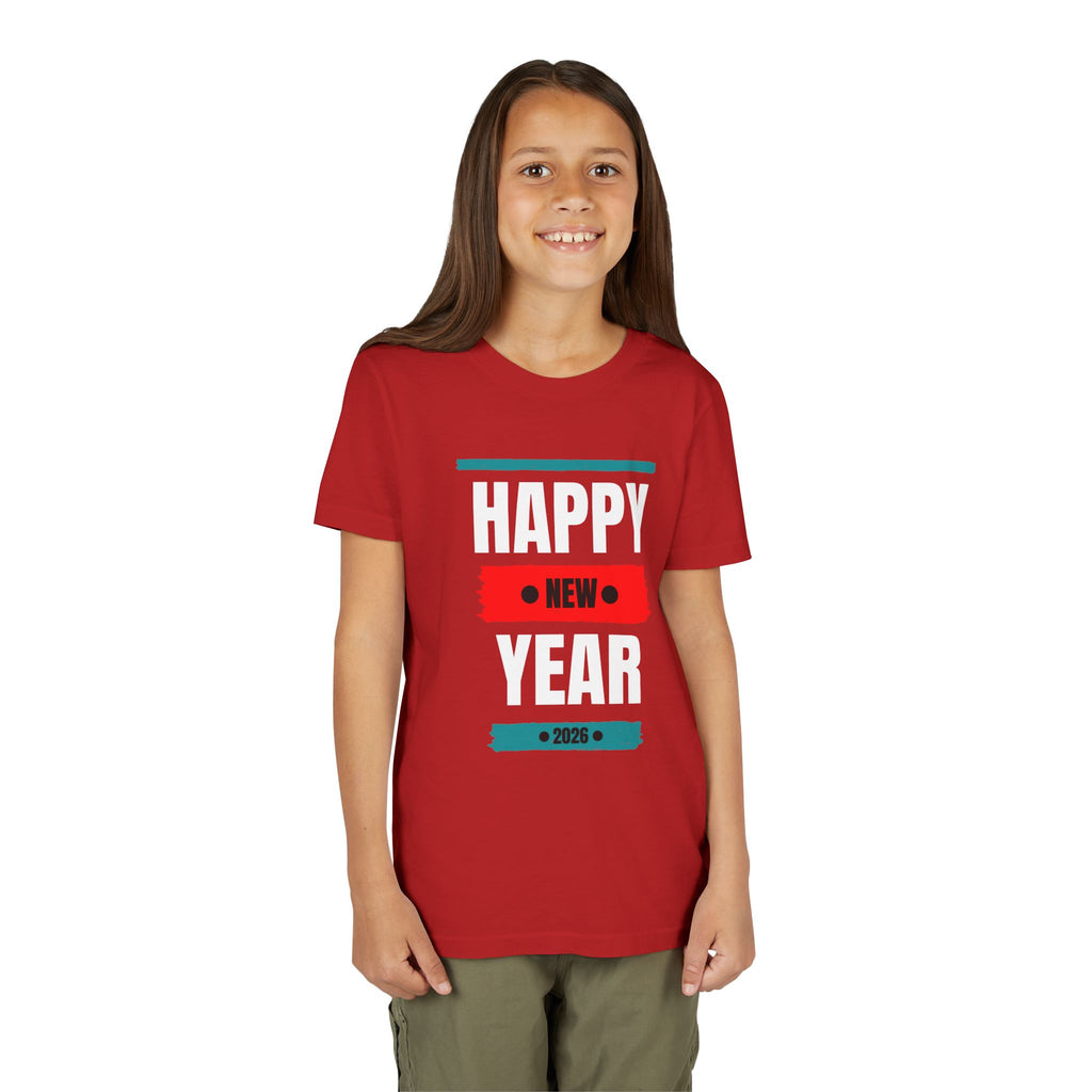 Happy New Year Youth Tee, Short Sleeve Shirt for Kids, Holiday T-Shirt, Party Apparel, Festive Clothing, New Year Celebration Gear