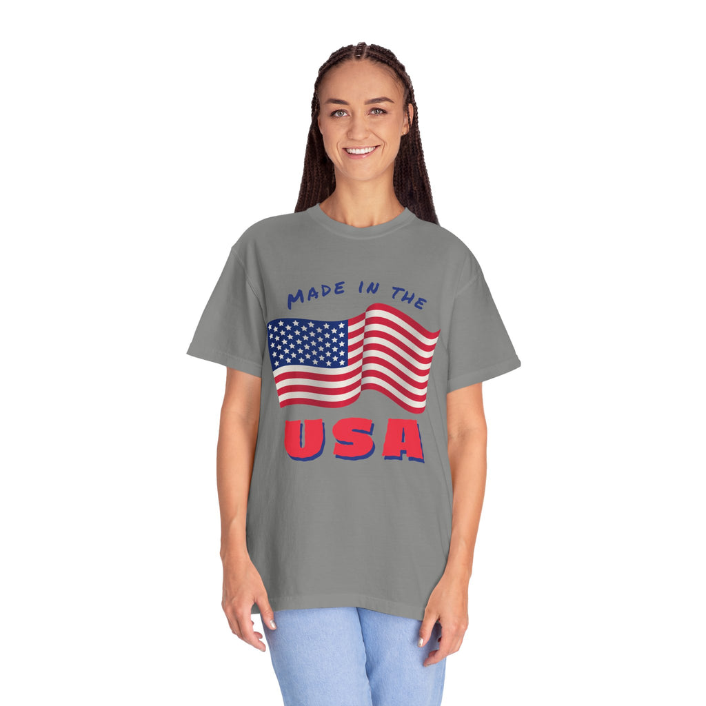 Patriotic T-Shirt for Celebrations, Made in the USA Tee, Unisex Garment-Dyed Shirt, July 4th Apparel, Red White Blue Tee