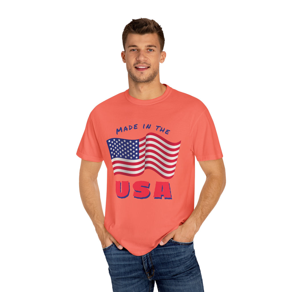 Patriotic T-Shirt for Celebrations, Made in the USA Tee, Unisex Garment-Dyed Shirt, July 4th Apparel, Red White Blue Tee