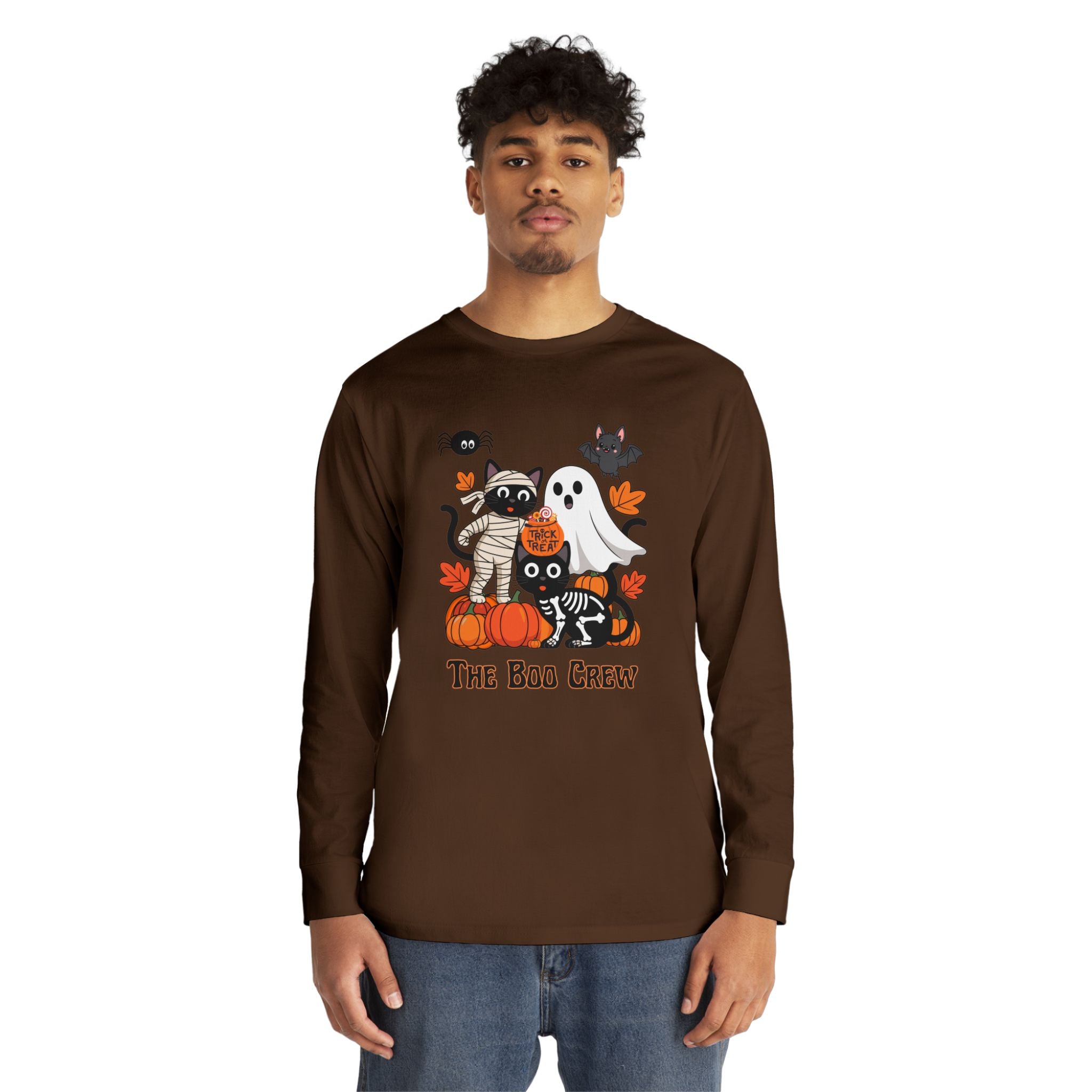 Halloween Long Sleeve Tee, Boo Crew Shirt, Cat Ghost Top, Fall Apparel, Spooky Season Clothing, Kids Halloween Outfit