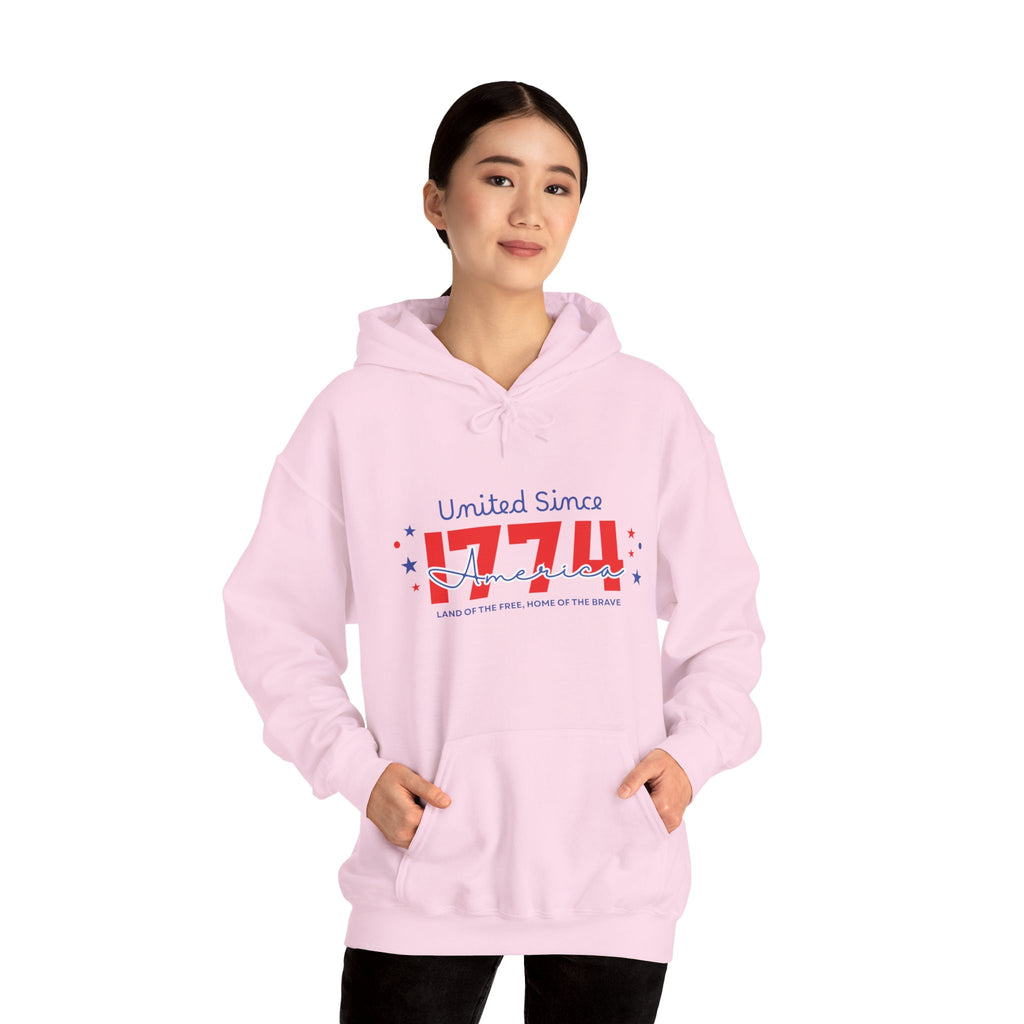 Patriotic Hooded Sweatshirt - United Since 1774, Unisex Pullover, 4th of July Gift, Cozy Fall Apparel, Red White Blue Hoodie
