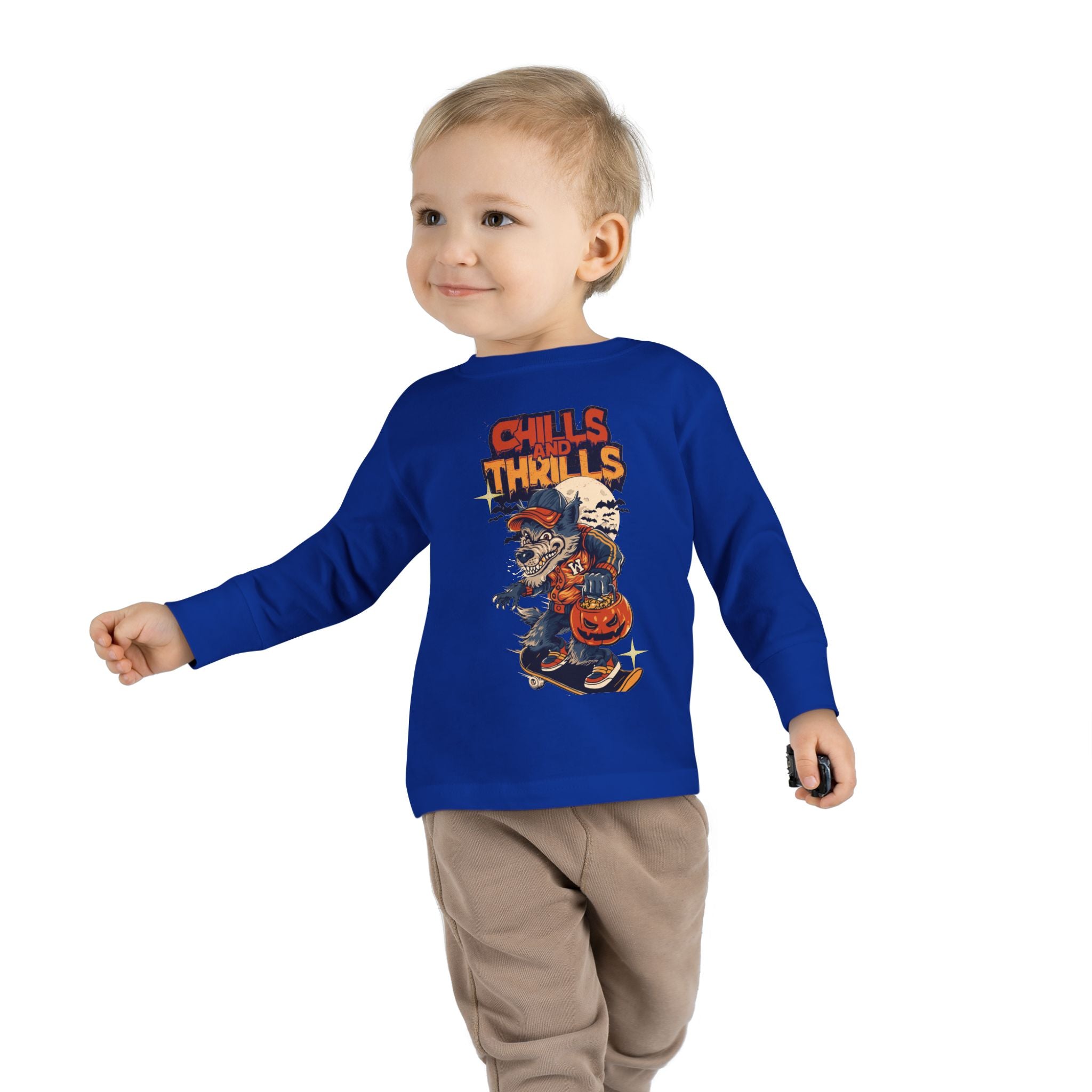 Toddler Long Sleeve Tee with Chills & Thrills Halloween Skater Design, Kids Fall Apparel, Halloween Outfit, Toddler Skate Tee, Fun [...]