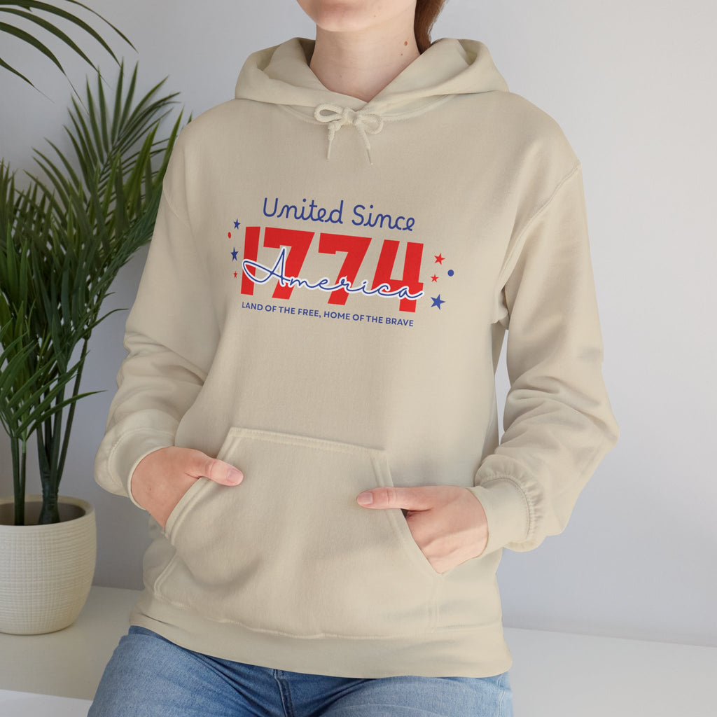 Patriotic Hooded Sweatshirt - United Since 1774, Unisex Pullover, 4th of July Gift, Cozy Fall Apparel, Red White Blue Hoodie