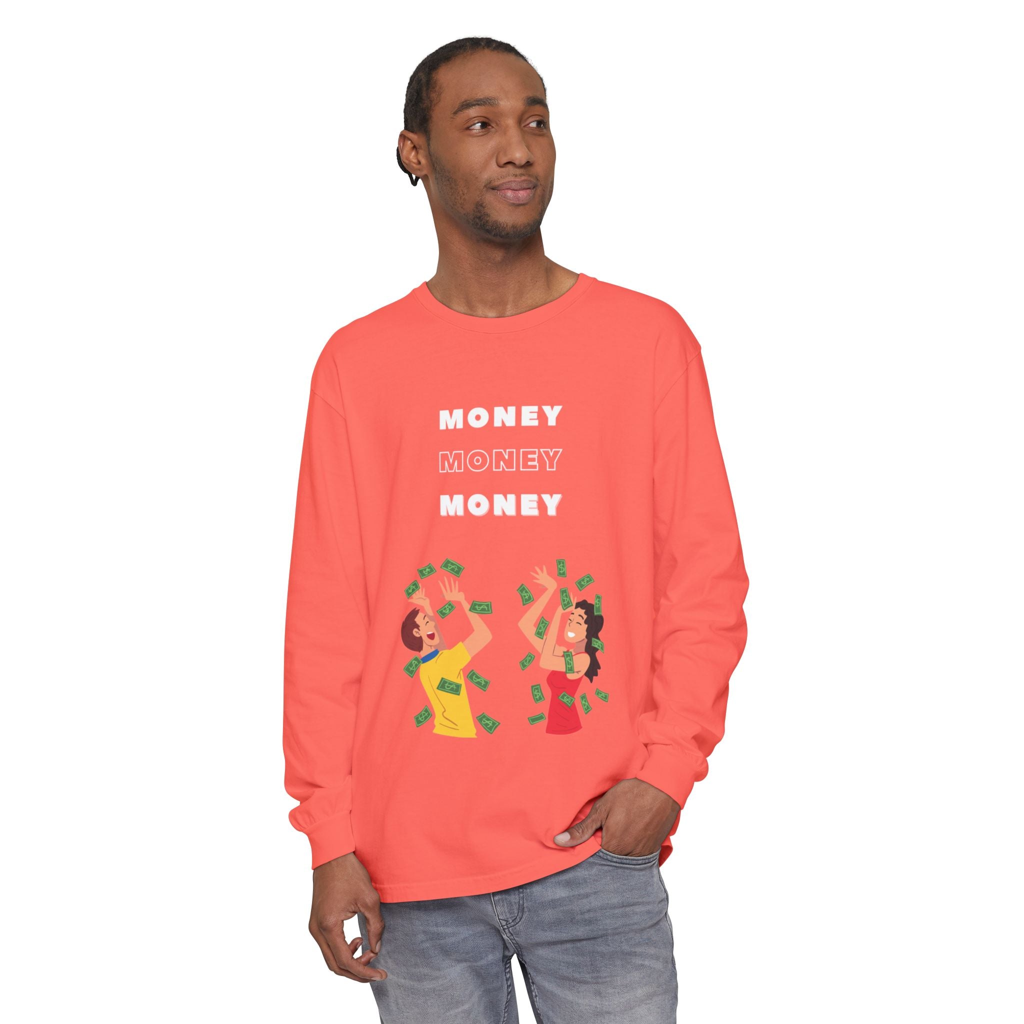 Money-Themed Long Sleeve T-Shirt, Funny Graphic Top, Gift for Finance Lovers, Casual Wear, Party Outfit, Unique Apparel