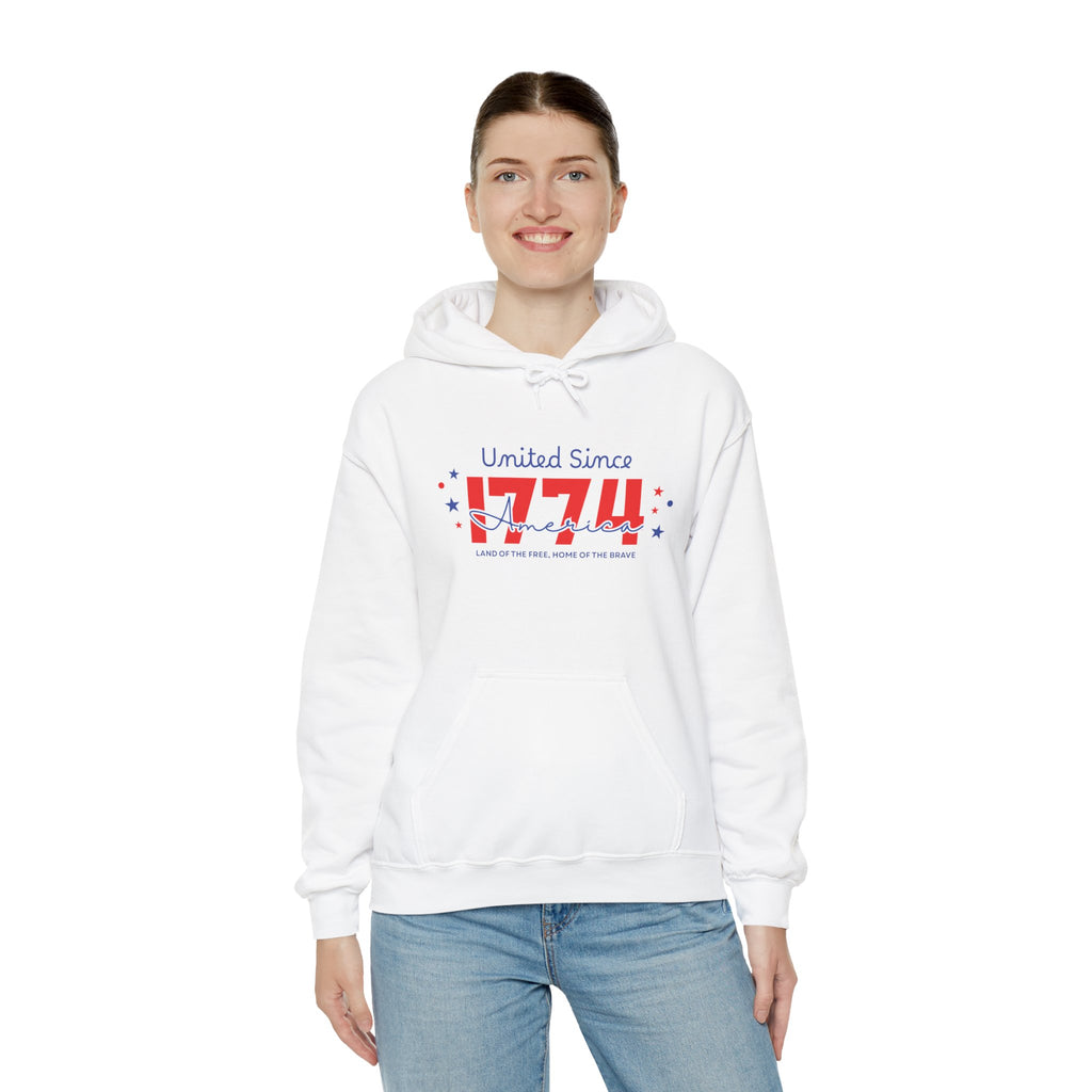 Patriotic Hooded Sweatshirt - United Since 1774, Unisex Pullover, 4th of July Gift, Cozy Fall Apparel, Red White Blue Hoodie