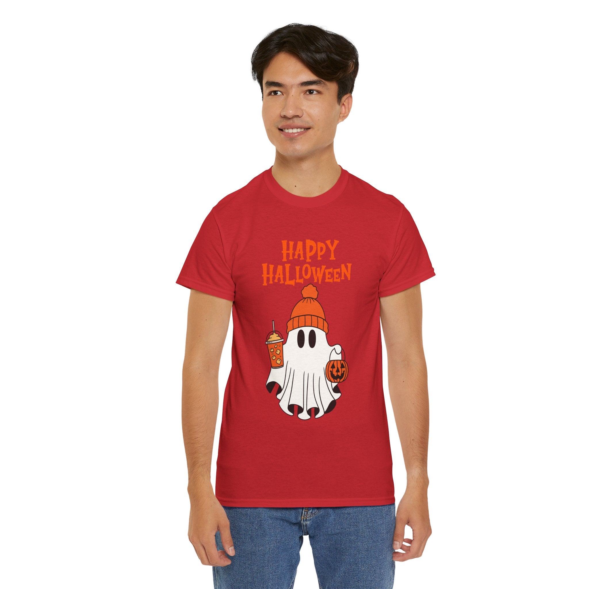 Happy Halloween Ghost Tee, Unisex Cotton T-Shirt, Halloween Apparel, Fall Fashion, Cute Halloween Gift, Ghost Tee