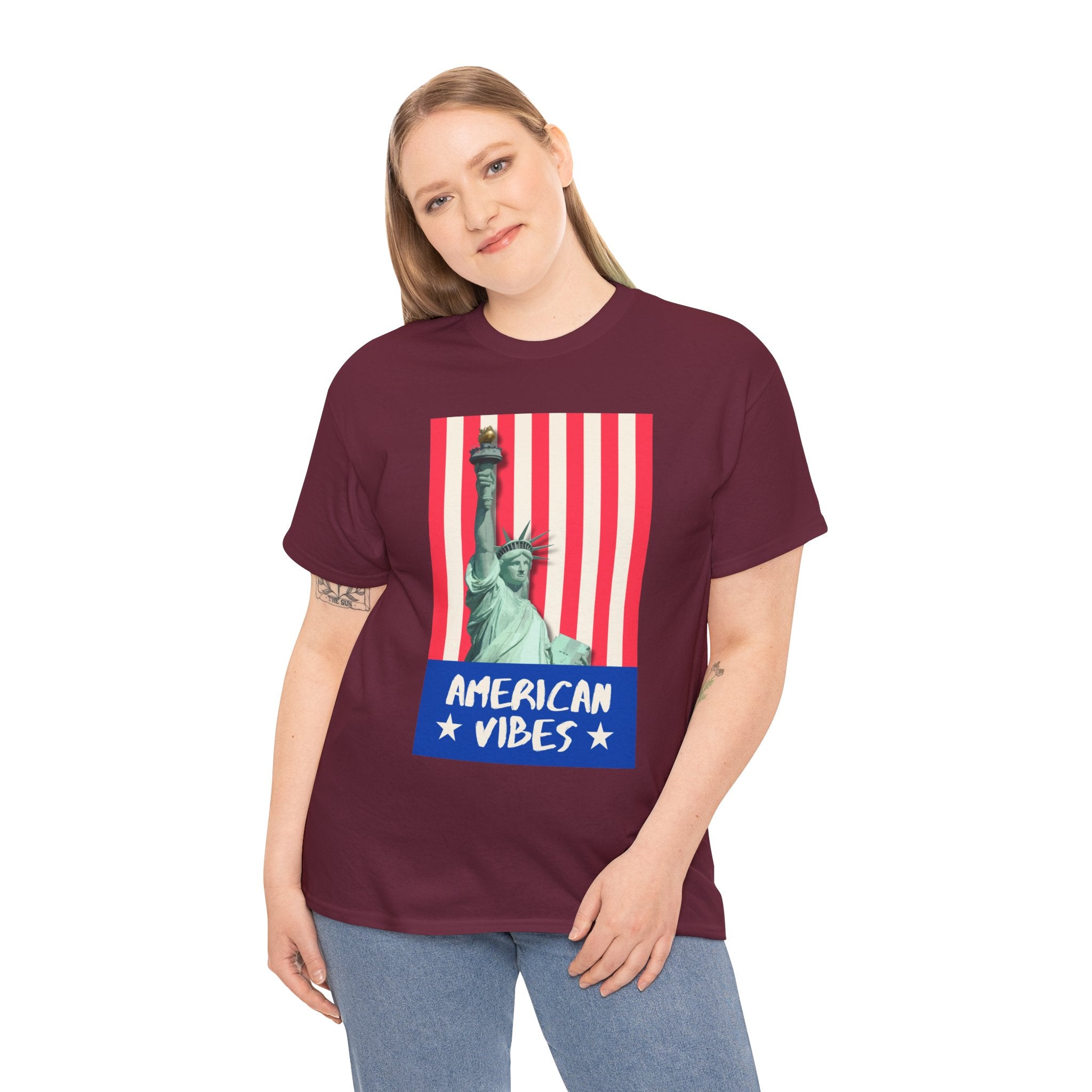 American Vibes Unisex Heavy Cotton Tee, Patriotic Shirt, Gift for Veterans, Independence Day Apparel, Summer Casual Wear