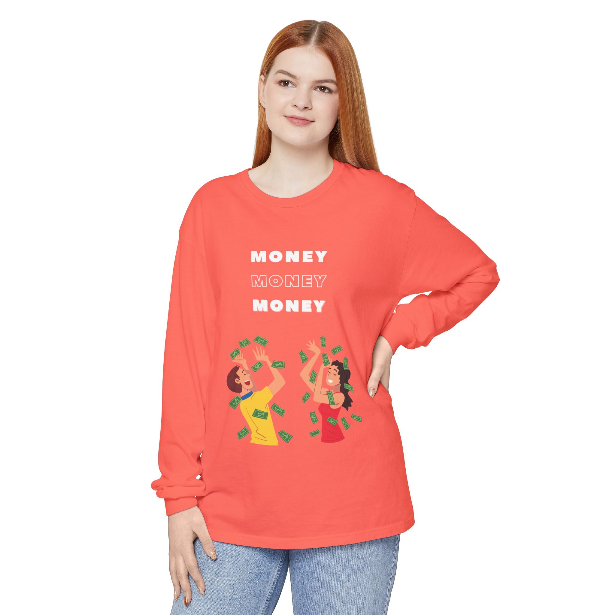 Money-Themed Long Sleeve T-Shirt, Funny Graphic Top, Gift for Finance Lovers, Casual Wear, Party Outfit, Unique Apparel